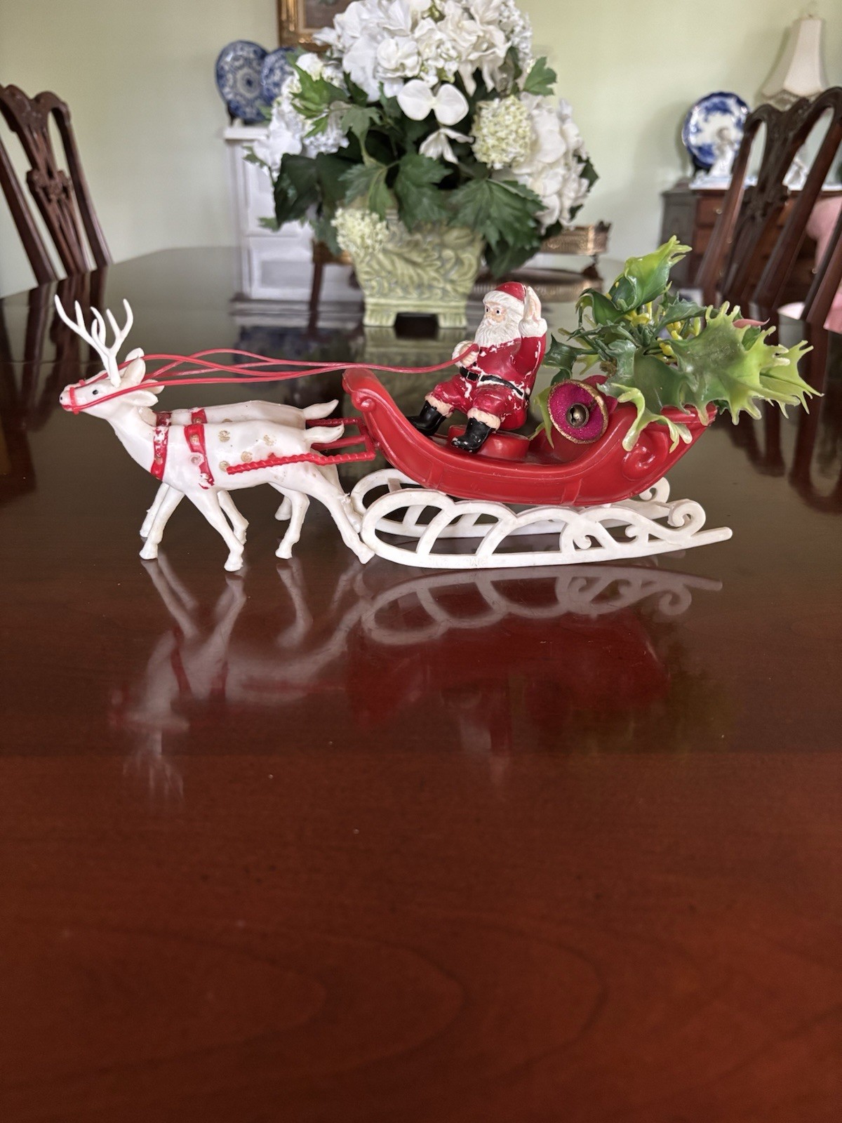 Vintage Plastic Blow Mold Santa In Sleigh With Two Reindeer 12” Vintage Plastic Blow Mold Santa In Sleigh With Two Reindeer 12”