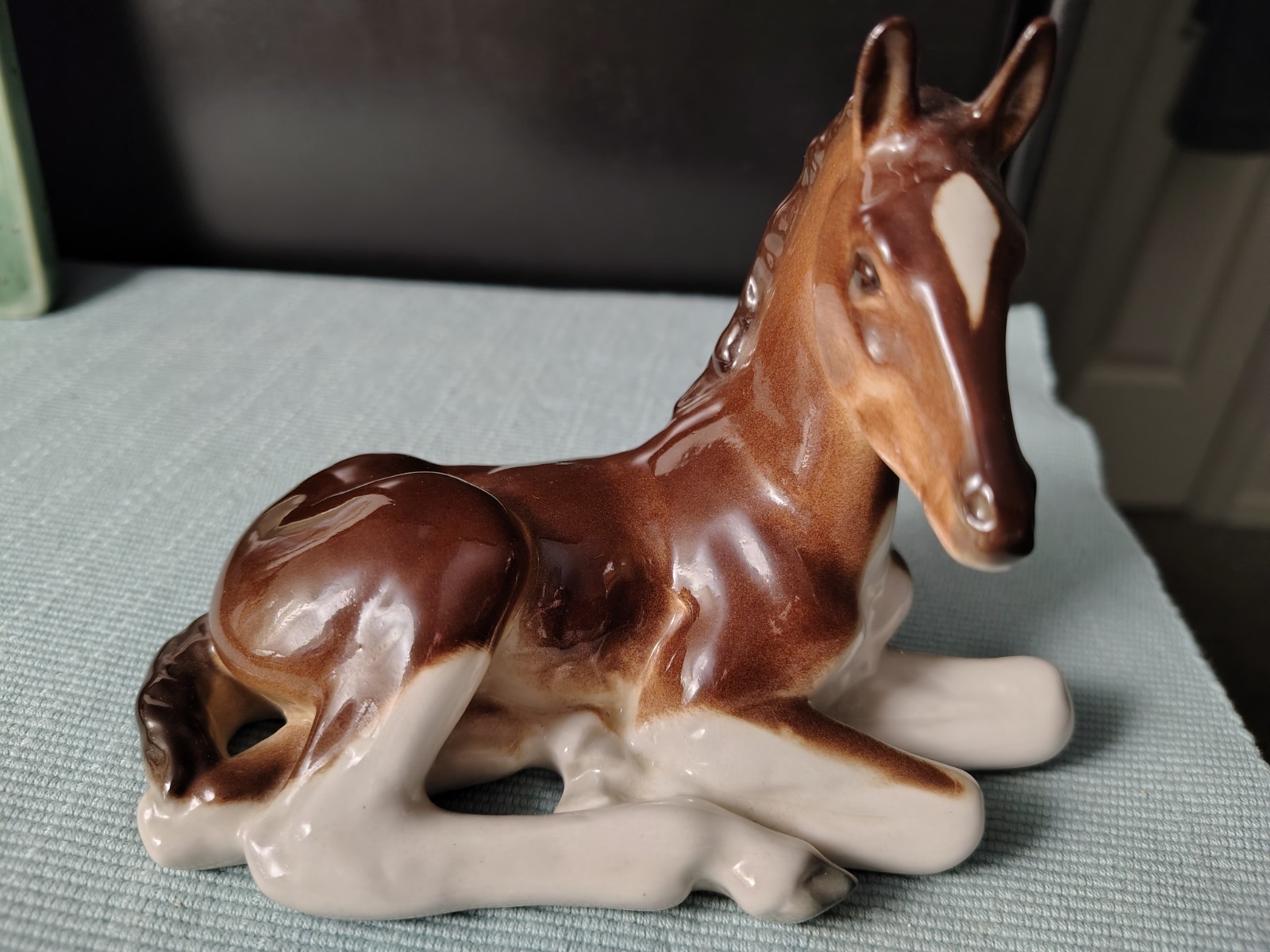 Vintage Lomonosov Porcelain Resting Foal Figurine, USSR LFZ Brown Horse