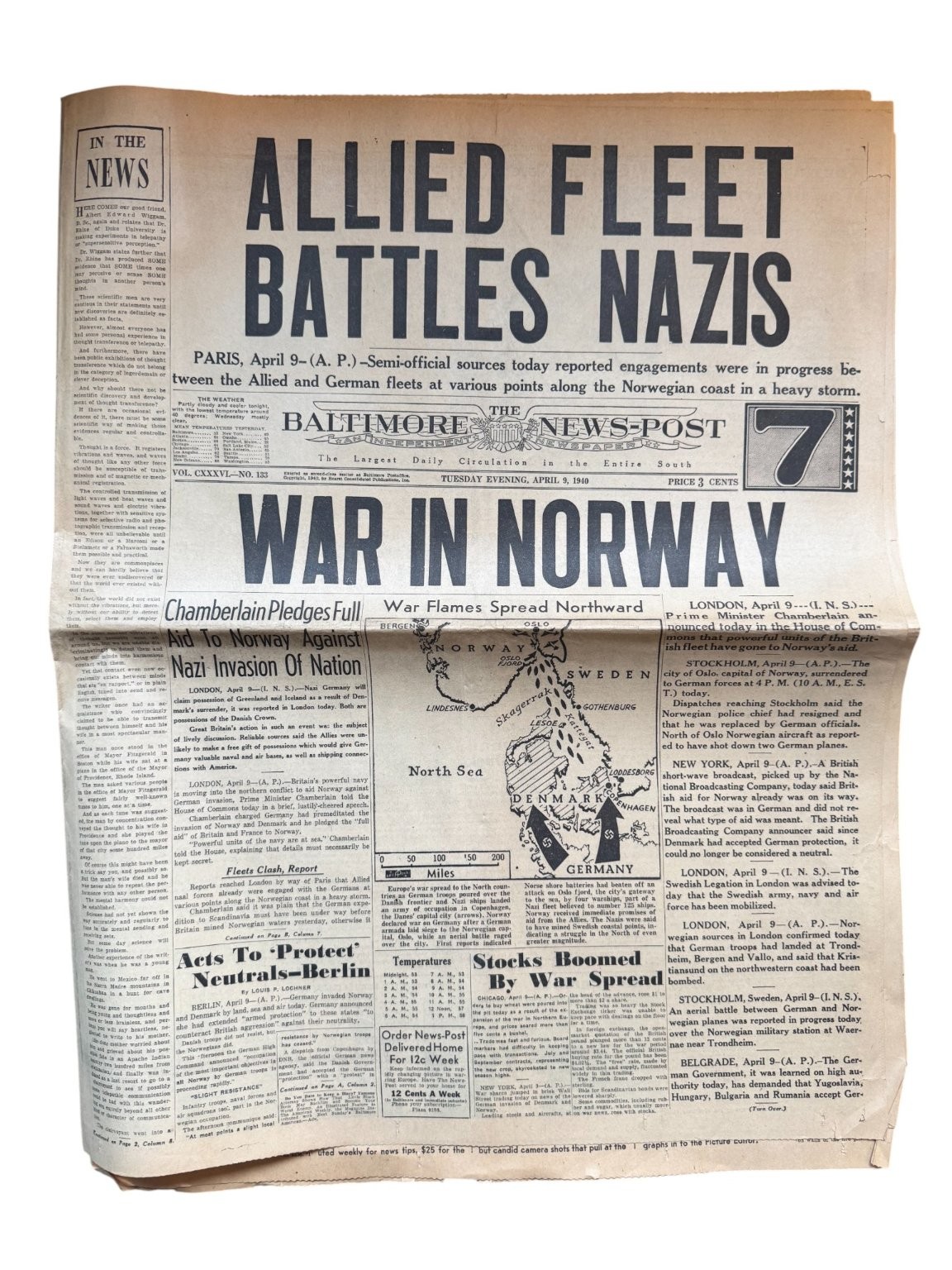 Baltimore News-Post Newspaper April 9 1940 WWII War Norway Allied Fleet