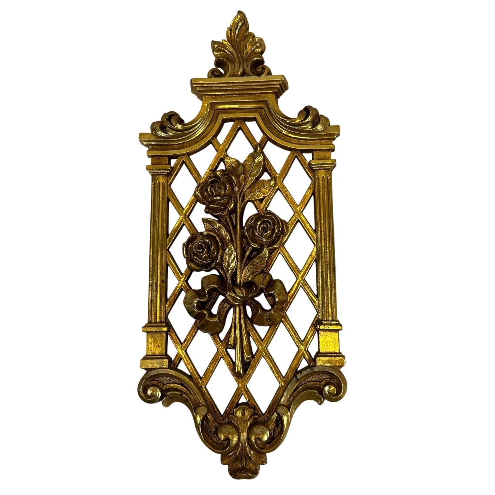 Vintage Cast Faux Brass Rose Trellis Wall Plaque Ornate Floral Decor Vintage Cast Faux Brass Rose Trellis Wall Plaque Ornate Floral Decor