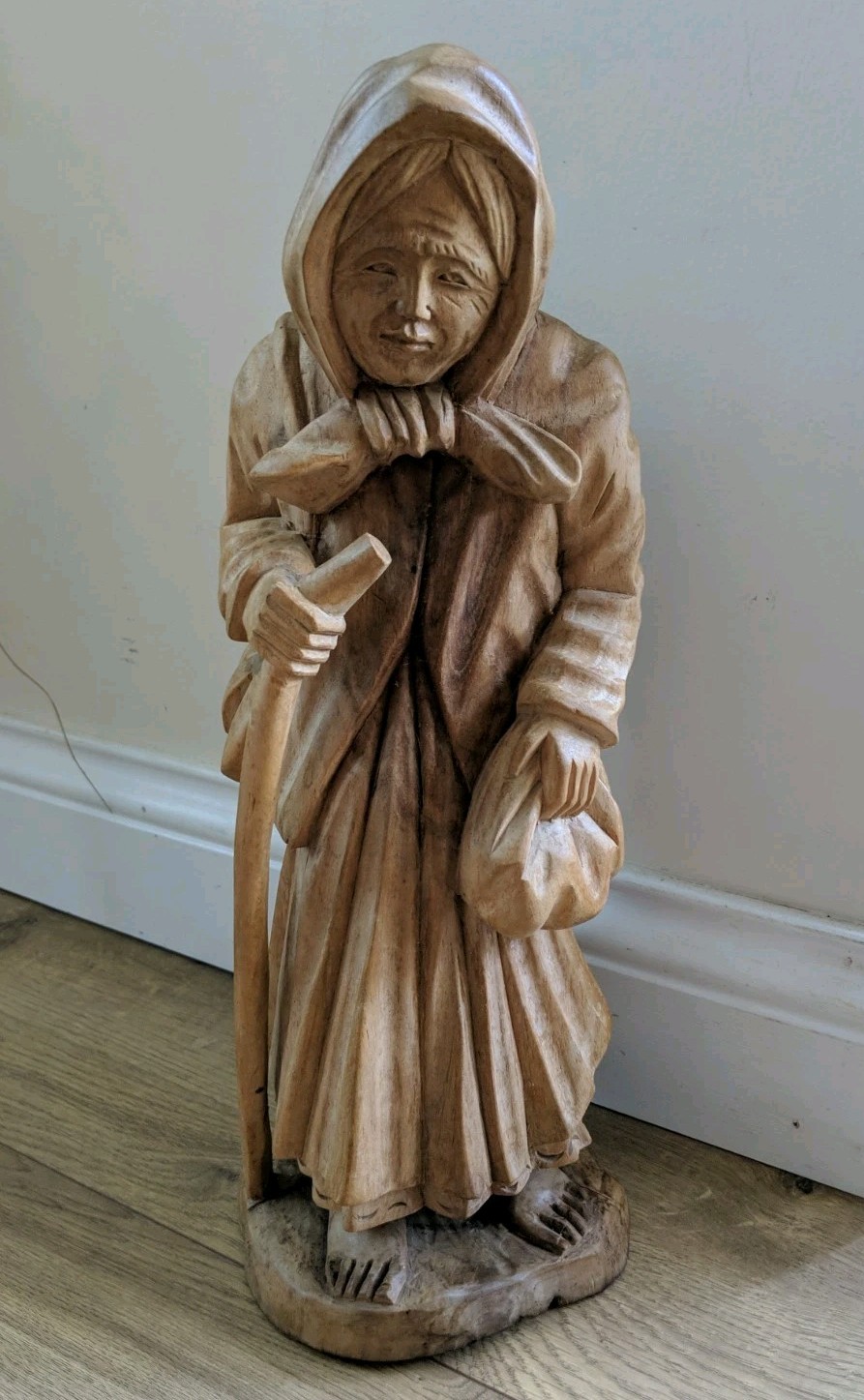 Vintage Carved Wood Figurine Old Lady With Cane  16 Inch Tall Folk Art