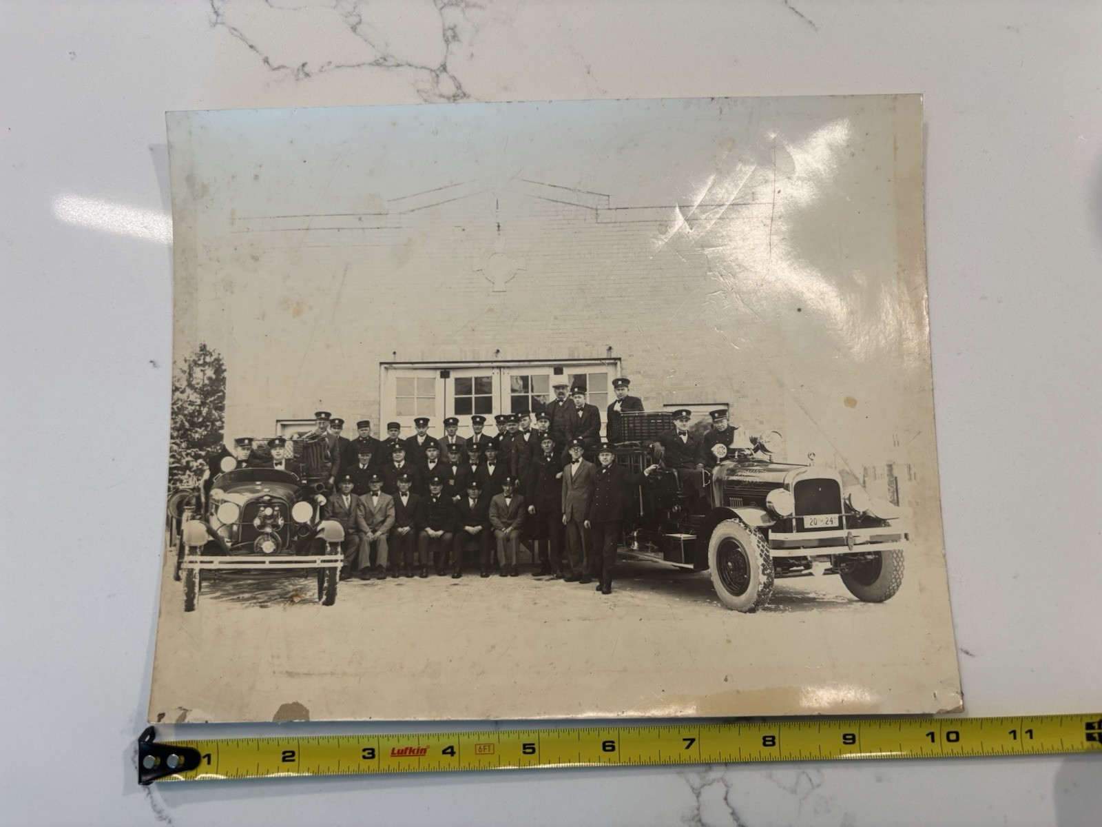 Large Original Vintage Photo Germantown Fire Dept. W/ Fire Trucks 8 By 10 Orig. 