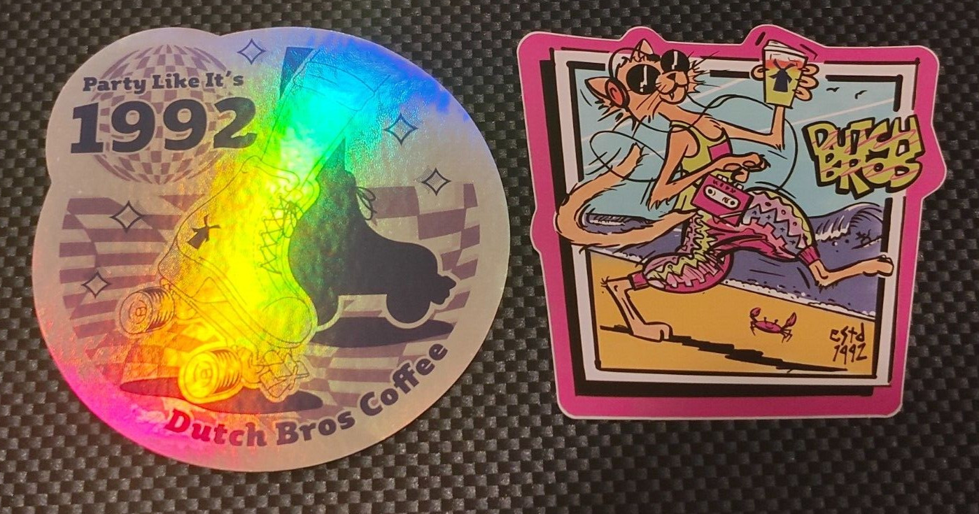 2 Dutch Bros Coffee Party Like It\'s 1992 Pink Retro Beach Cheetah Sticker New