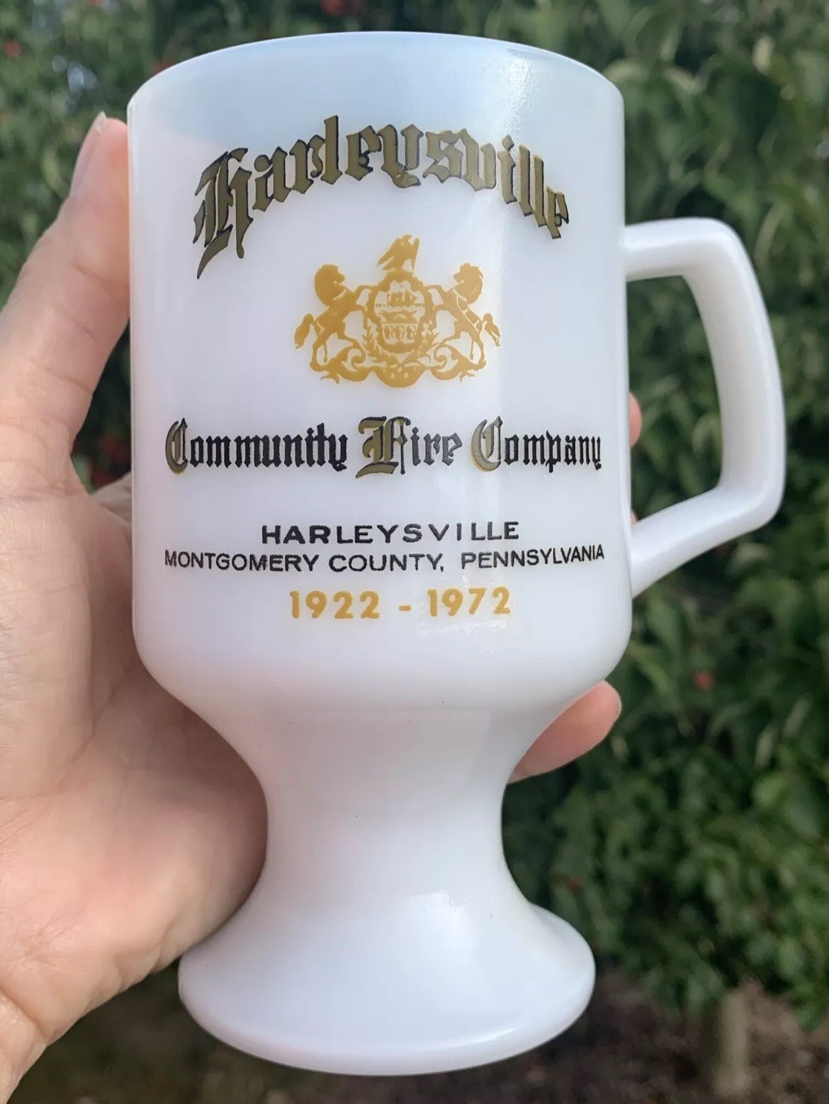 Harleysville, PA Community Fire Co Milk Glass Footed Mug 1972 Anniversary MontCo Harleysville, PA Community Fire Co Milk Glass Footed Mug 1972 Anniversary MontCo