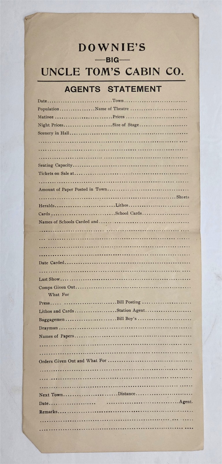 1900 antique UNCLE TOM’S CABIN theater AGENTS STATEMENT broadside Downie’s Co