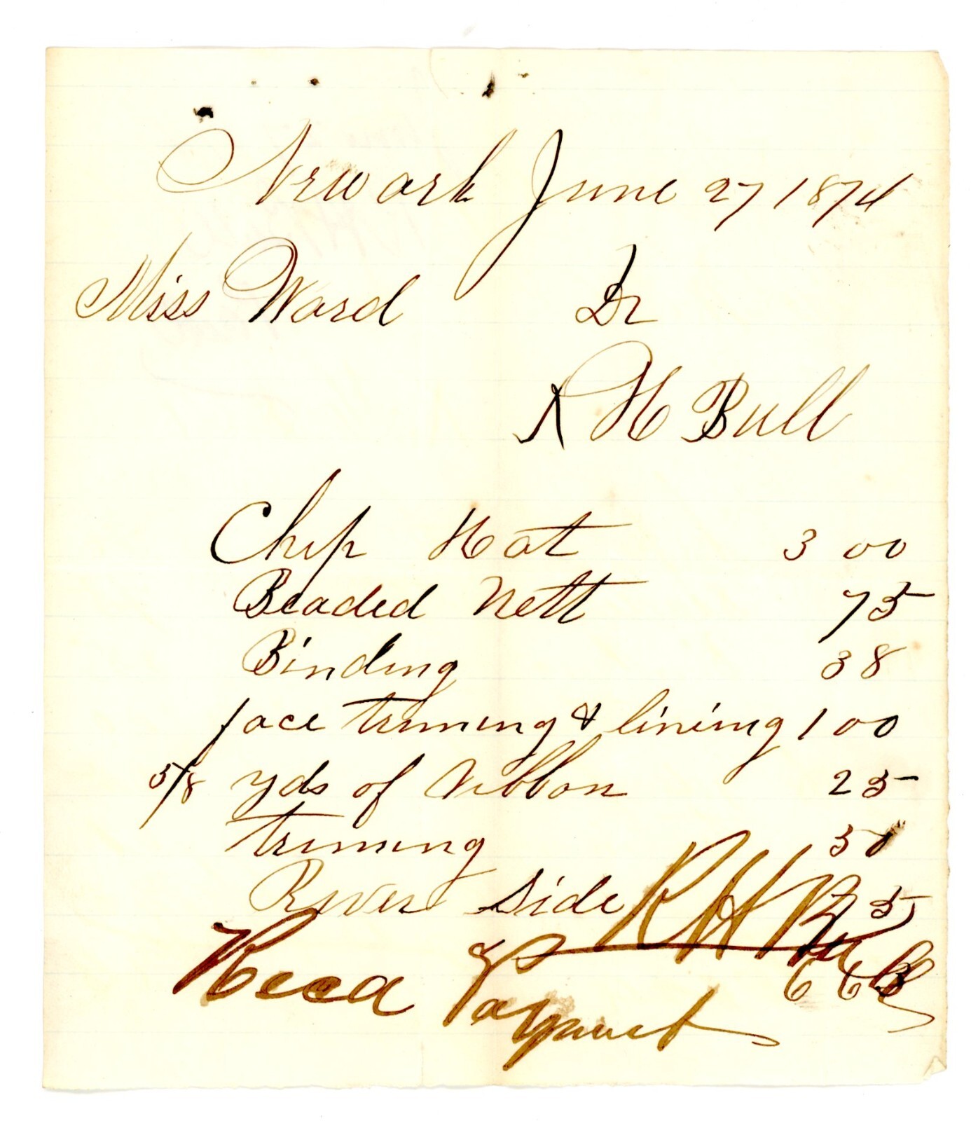 1874 Handwritten Millinery Invoice for Miss Ward – R.H. Bull, Newark, NJ 1874 Handwritten Millinery Invoice for Miss Ward – R.H. Bull, Newark, NJ
