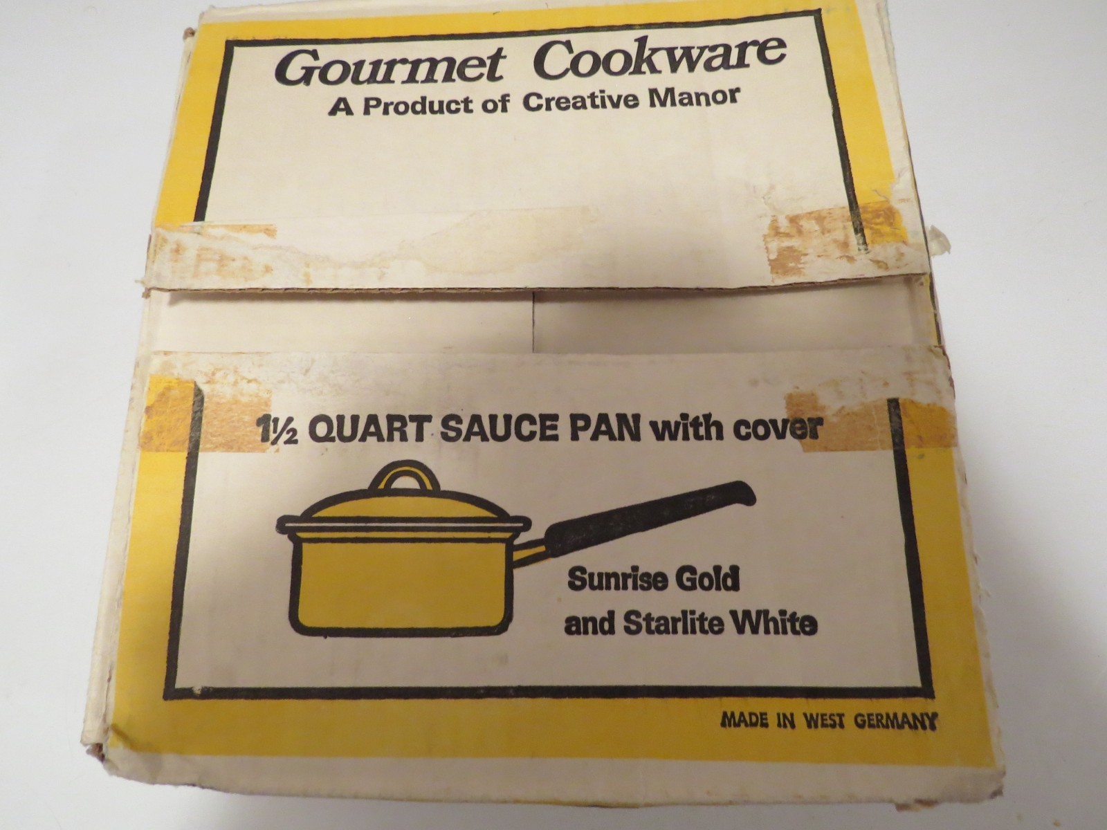 Vtg Creative Manor Enameled 1.5qt Sauce Pan Cover Sunrise Gold West Germany NIB Vtg Creative Manor Enameled 1.5qt Sauce Pan Cover Sunrise Gold West Germany NIB