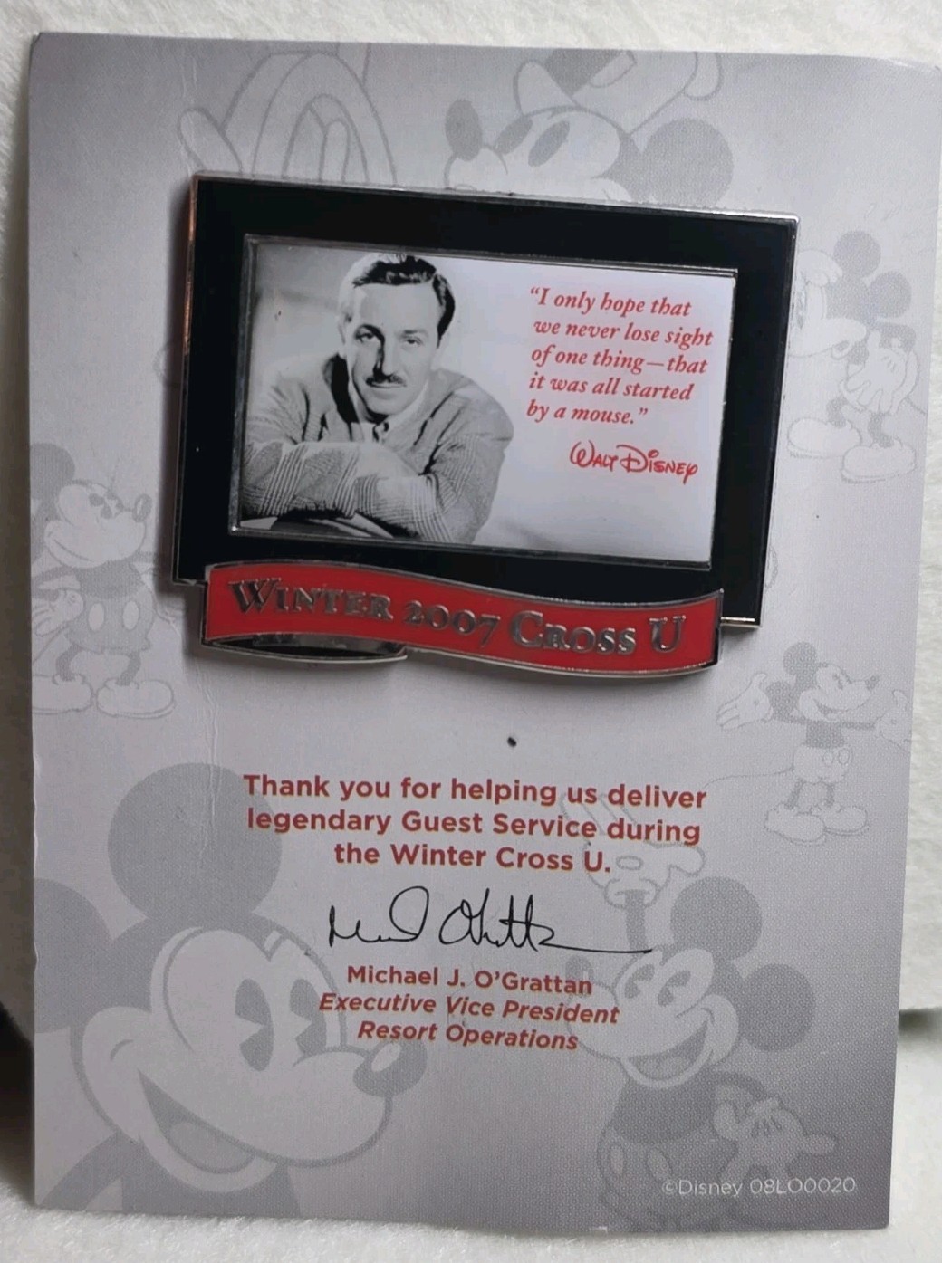 Disney Pin DLR Winter 2007 Cross-U Walt Disney Quote Michael O Grattan Carded