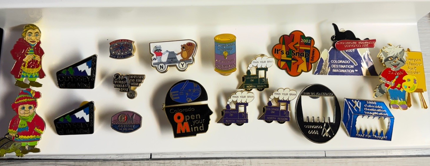 HUGE Lot 18 Odyssey Of The Mind Vintage Trading Pins NY CO PA MI 1996 -2008 OOTM