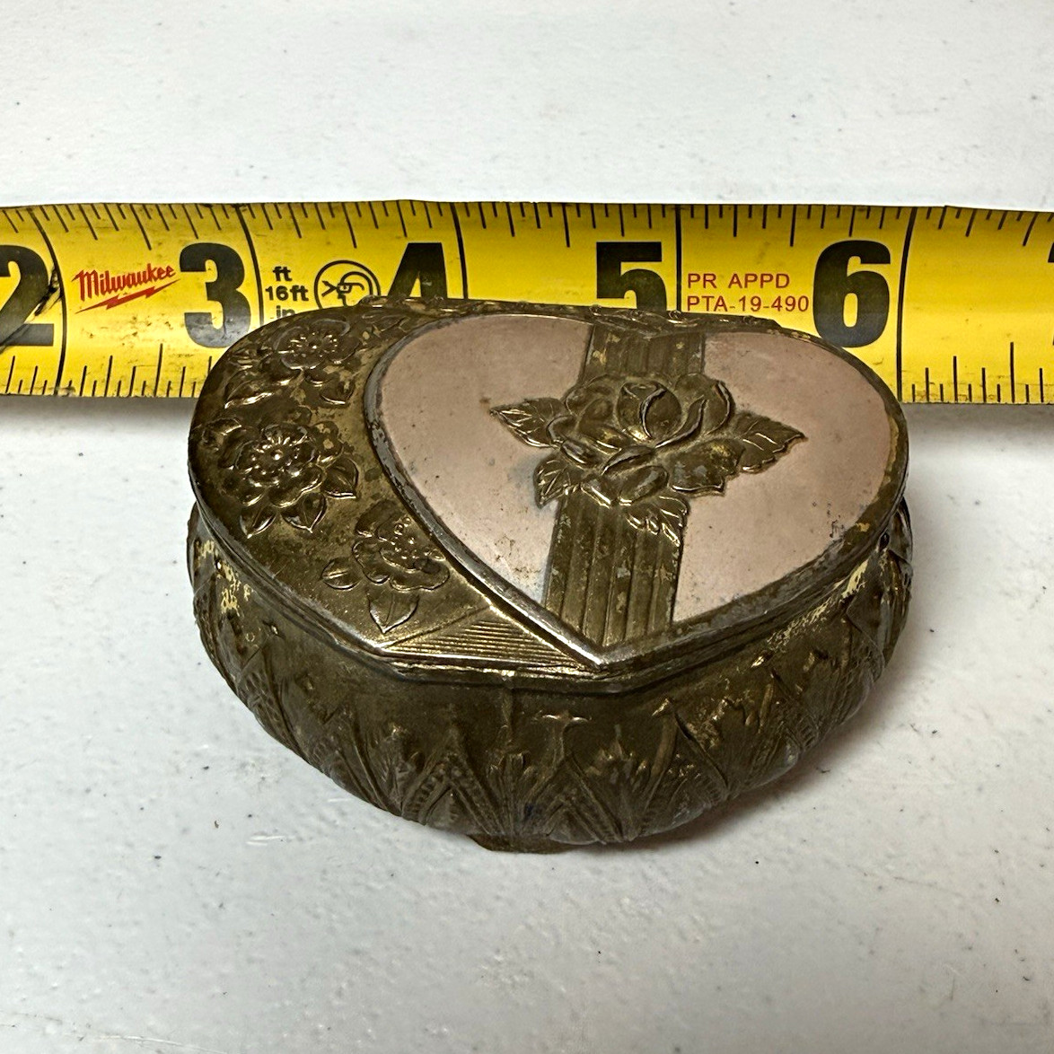 Vintage Japan Heart Shaped Metal Trinket Jewelry Box Broken Lid Floral