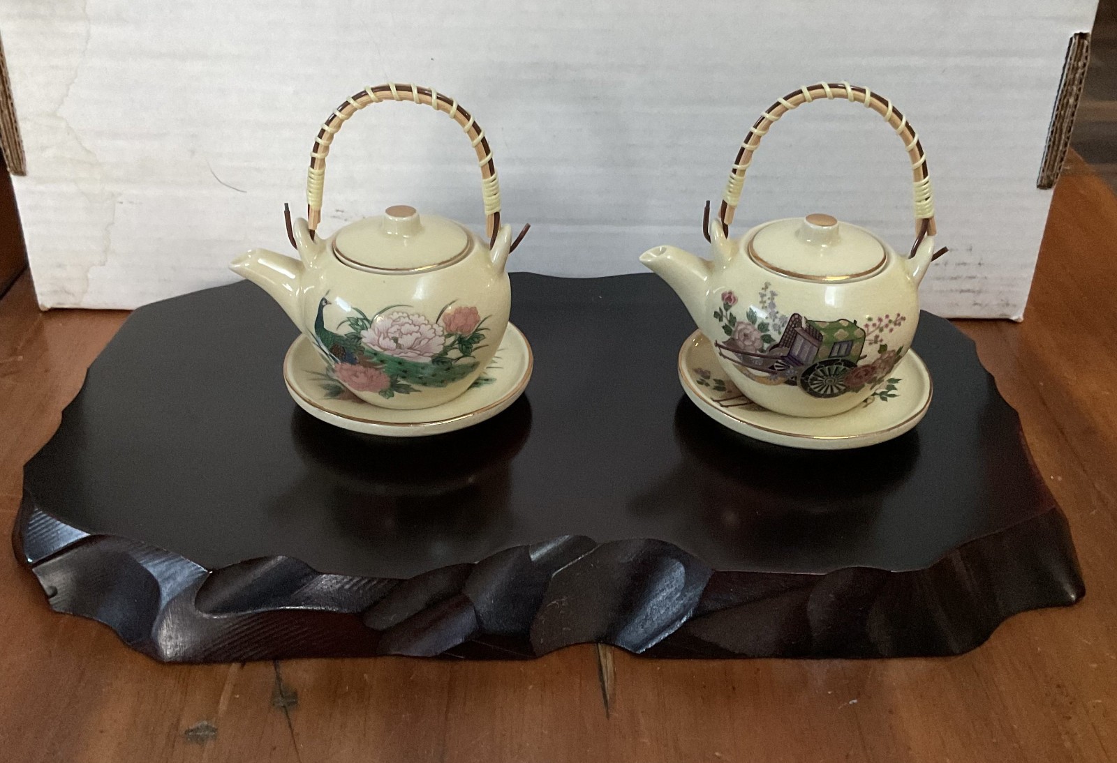 Vintage Japanese Miniature Teapot Set Pair Saucers Hand Painted Wood Base