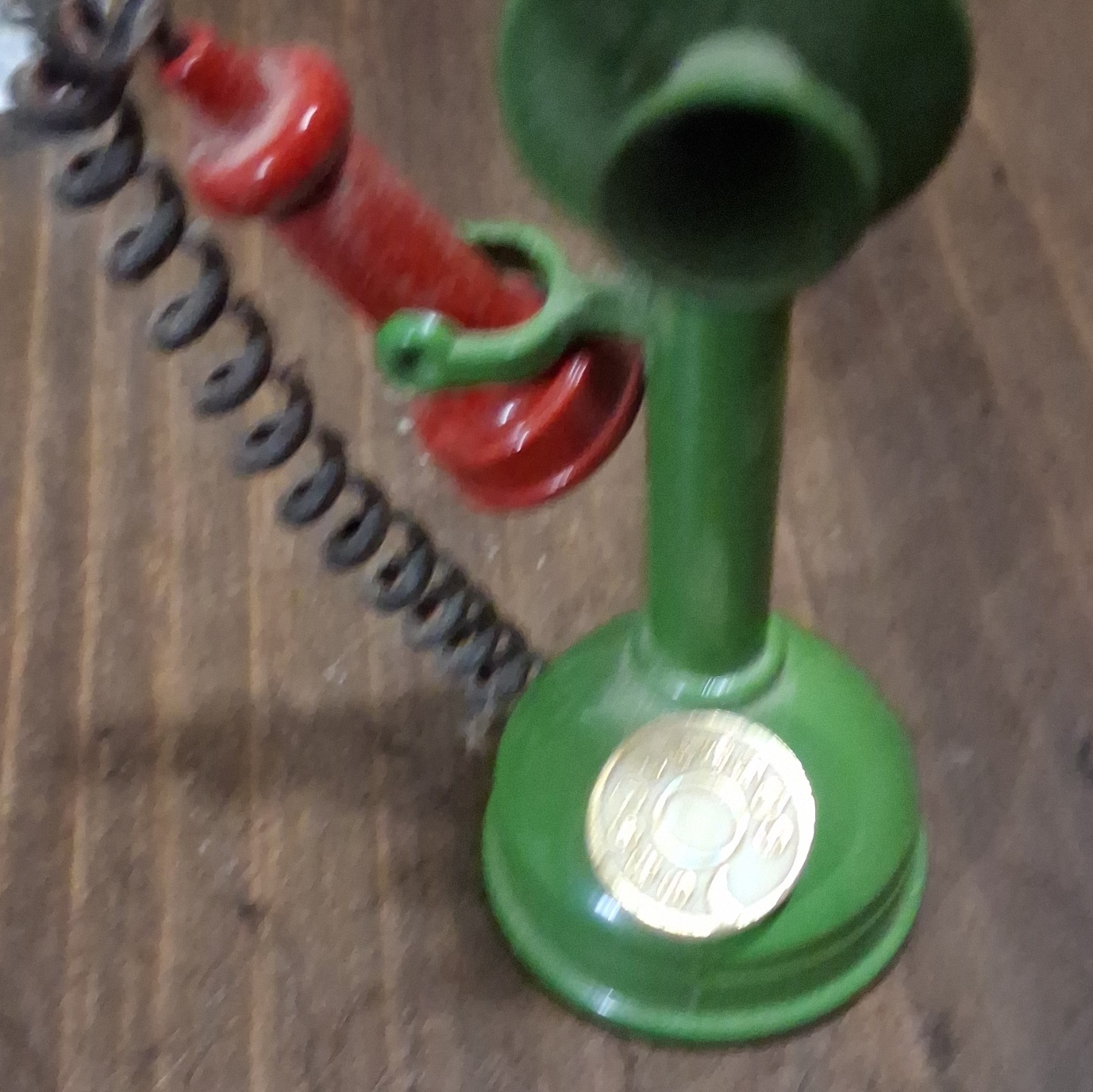 Miniature Vintage-Style Candlestick Phone Green/Red w/ Coiled Cord