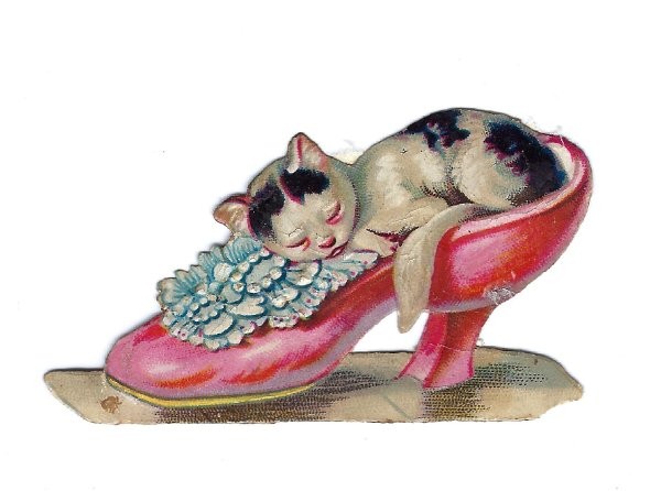 1888 Chromo, Fantasy PINK SATIN MULE KITTEN, Antique Victorian Die-Cut Scrap 2.5 1888 Chromo, Fantasy PINK SATIN MULE KITTEN, Antique Victorian Die-Cut Scrap 2.5