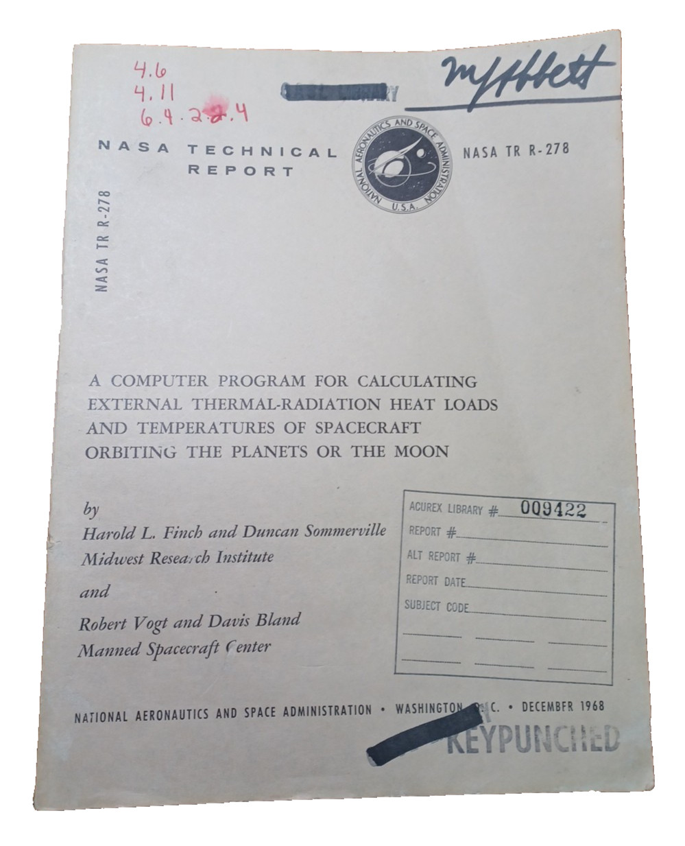 1968 ORG NASA Apollo Era Technical Report Heat Loads Orbiting Spacecraft JRRC