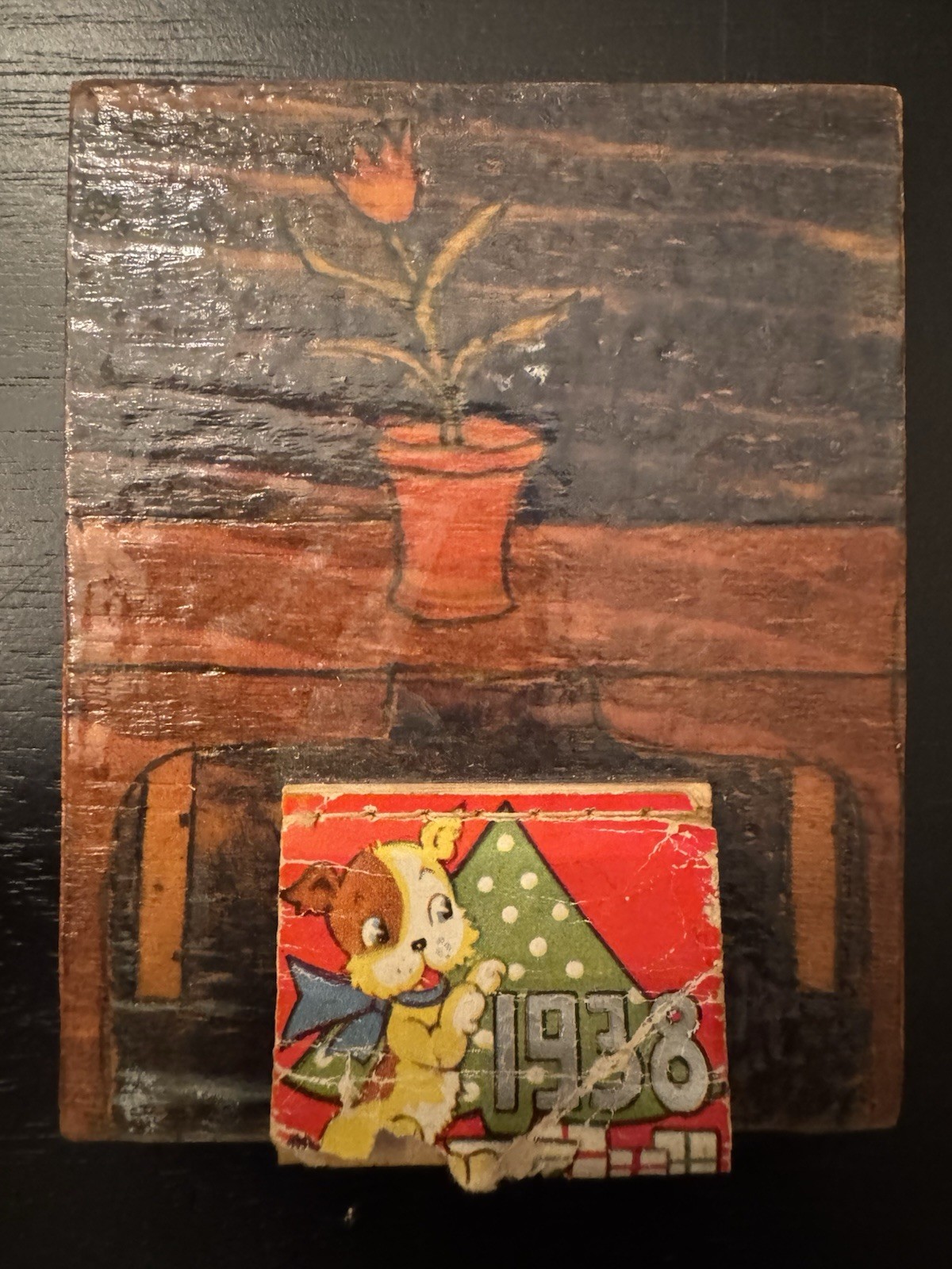 Antique 1938 Mini Calendar on hand drawn wooden base.  Very neat and unique
