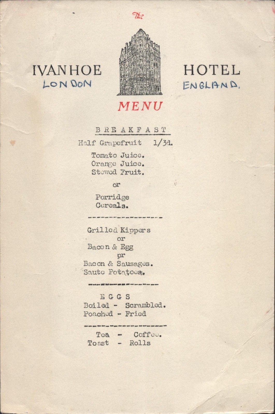 1965 The Ivanhoe Hotel Vintage English Breakfast Menu London England U.K. 1965 The Ivanhoe Hotel Vintage English Breakfast Menu London England U.K.