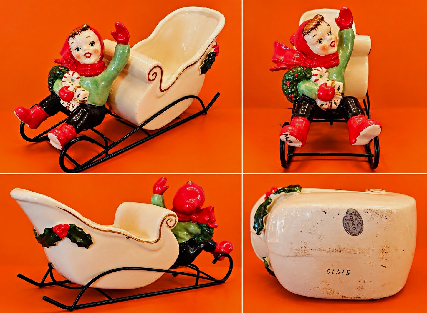 Napco Vintage Hand Painted Ceramic Girl in Sleigh Christmas Planter Napco Vintage Hand Painted Ceramic Girl in Sleigh Christmas Planter