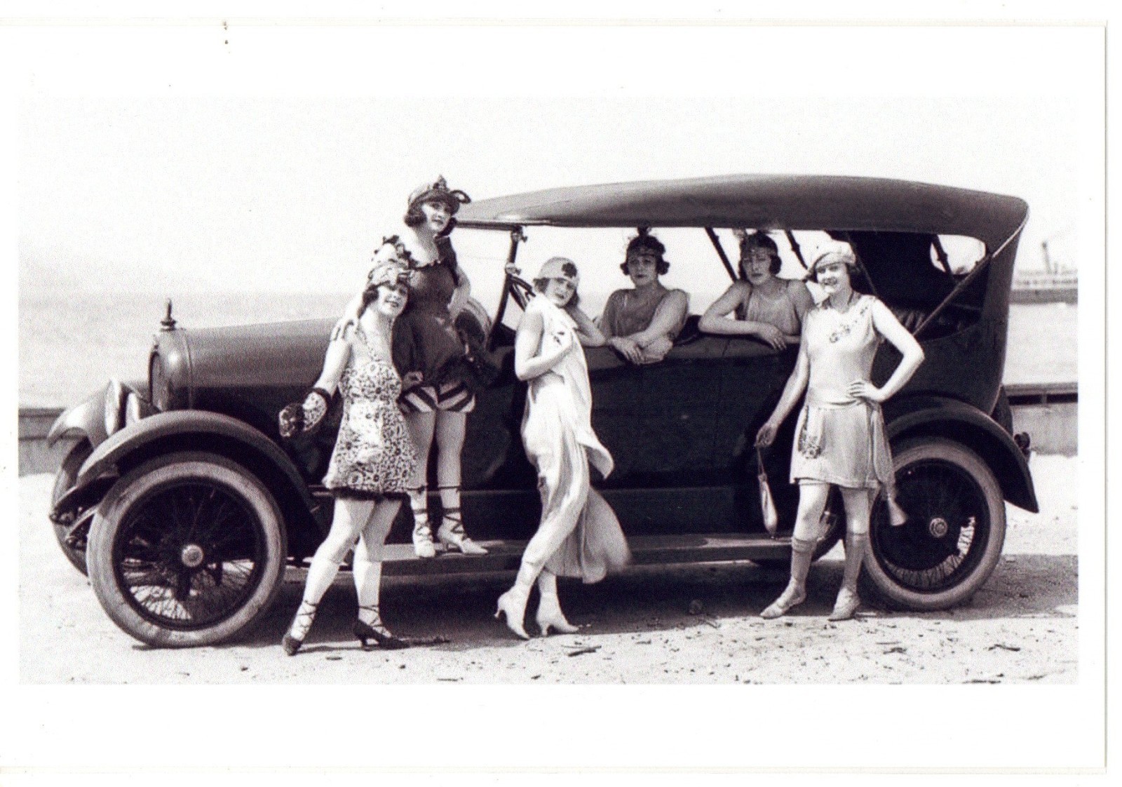 Six Flapper Girls with 1920s Touring Car Photo