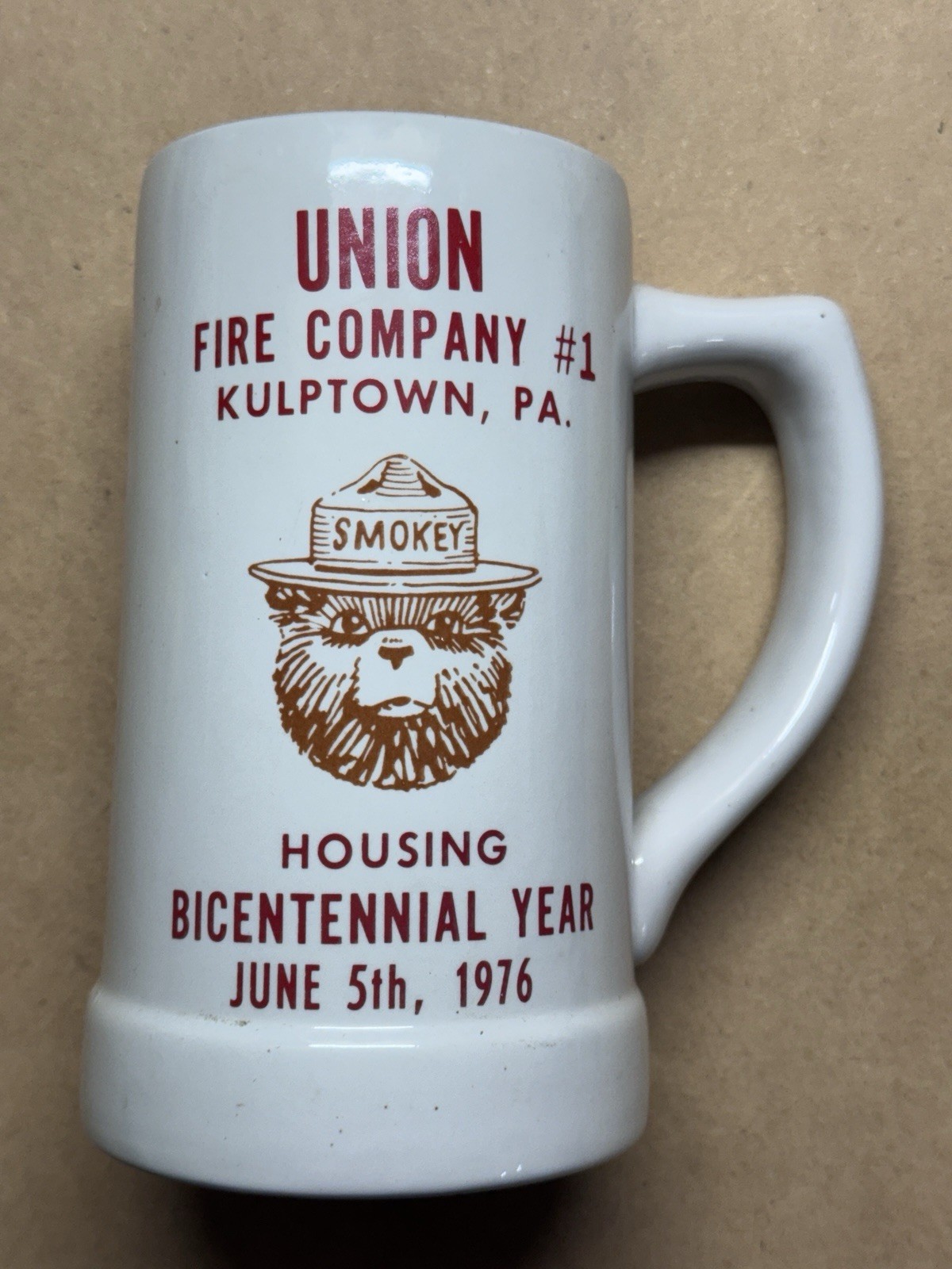 Vintage 1976 Smokey The Bear Mug Union Fire Kulptown PA ~16 Oz Ceramarte
