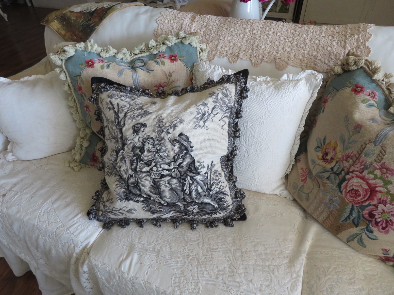 French Aubusson style Fabulous Needlepoint Pillow BLACK Romantic Toile NWOT
