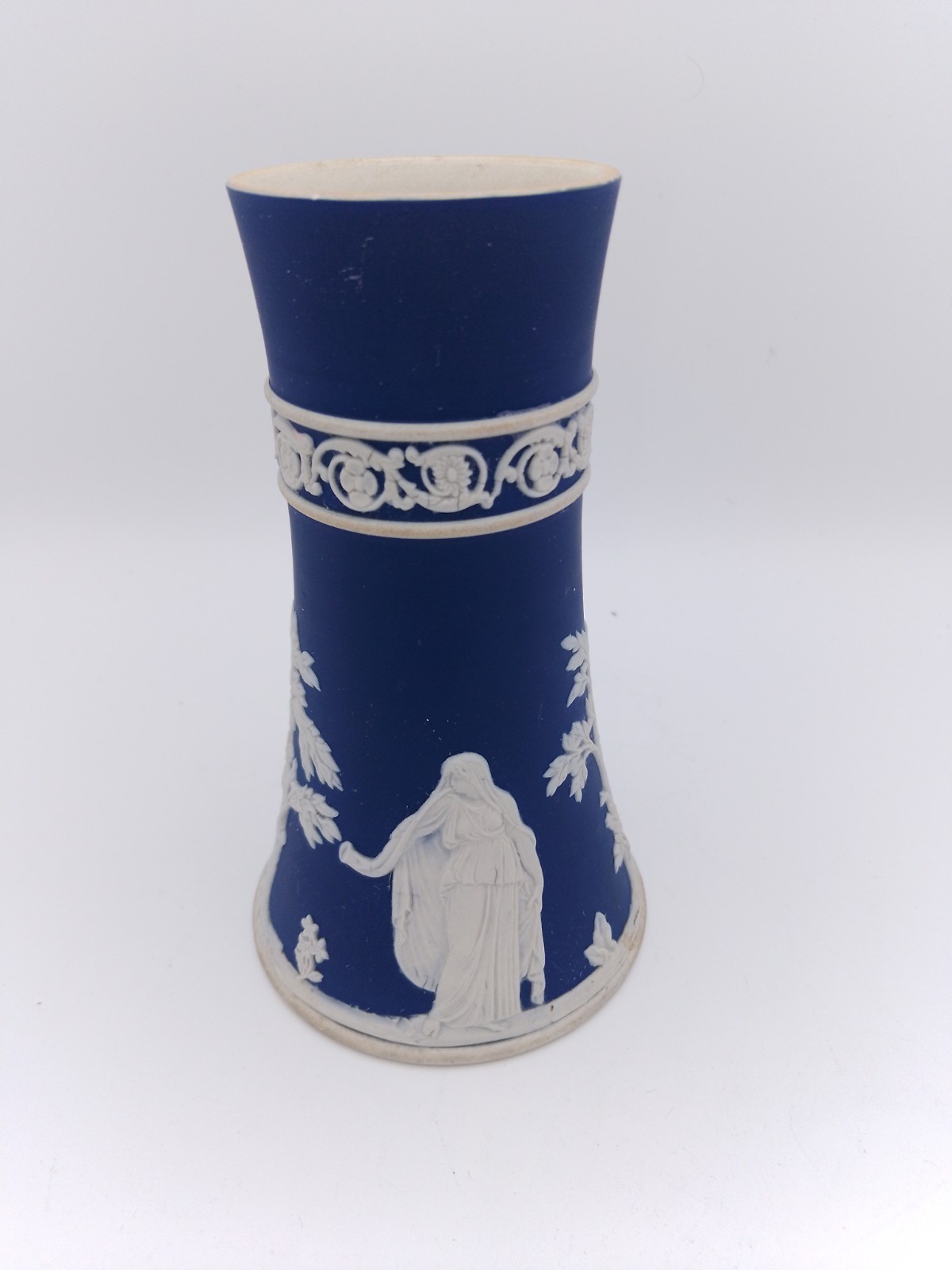 ADAMS TUNSTALL Jasperware Bud Vase Dark Blue White Classical Relief 15cm