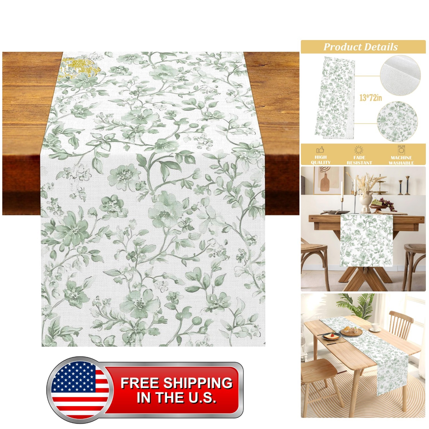 Sage Green Floral Toile Table Runner Vintage Chinoiserie Spring Party Decorat...