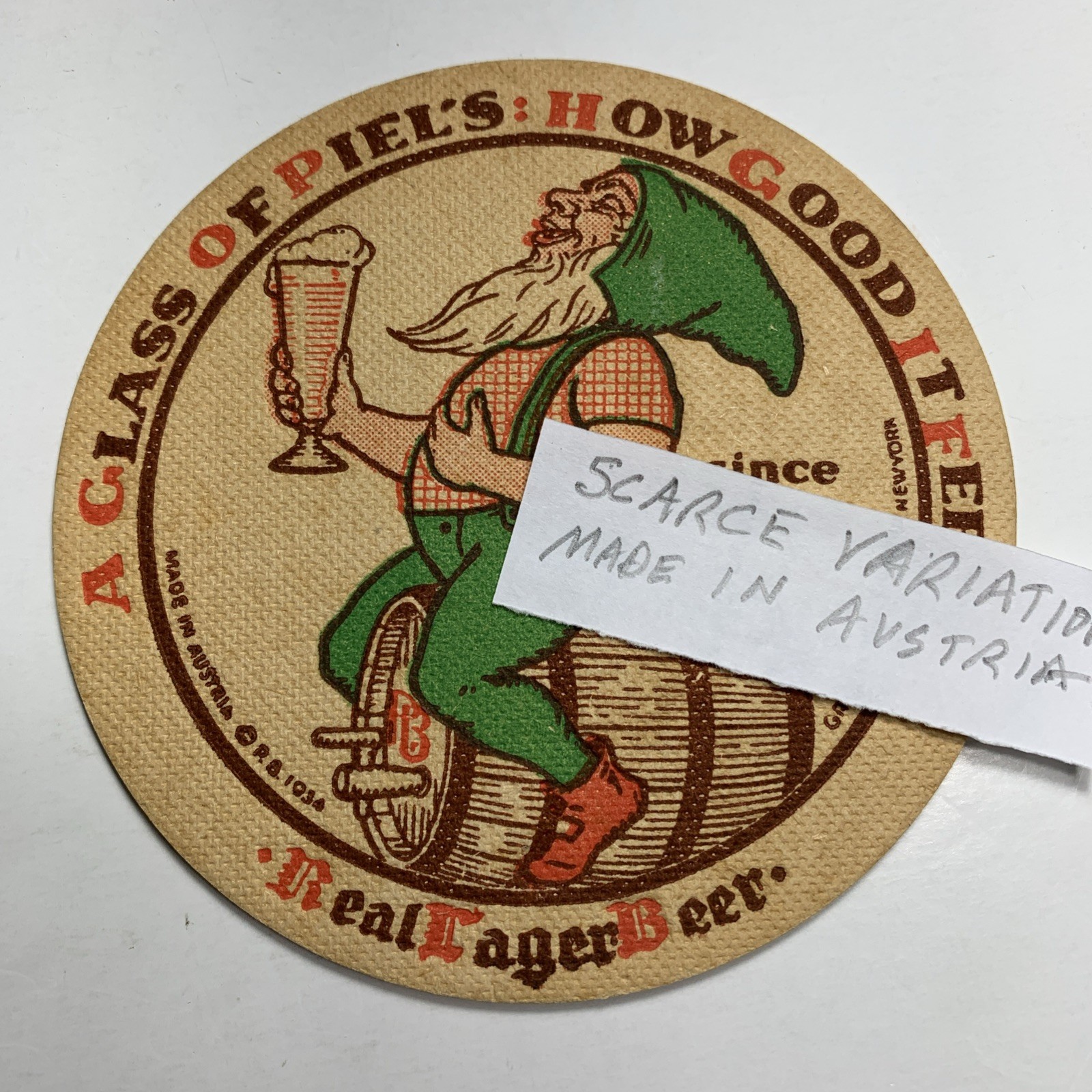 AUSTRIA Piel’s Elf Gnome Barrel Beer Coaster 4 Inch New York City 1930’s VARIANT AUSTRIA Piel’s Elf Gnome Barrel Beer Coaster 4 Inch New York City 1930’s VARIANT