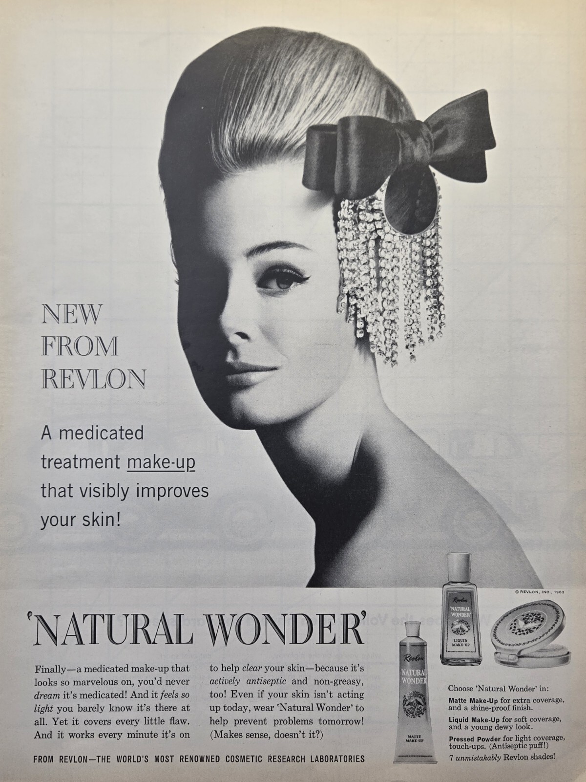 Revlon Natural Wonder Medicated Skin Treatment Make-Up Vintage Print Ad 1963
