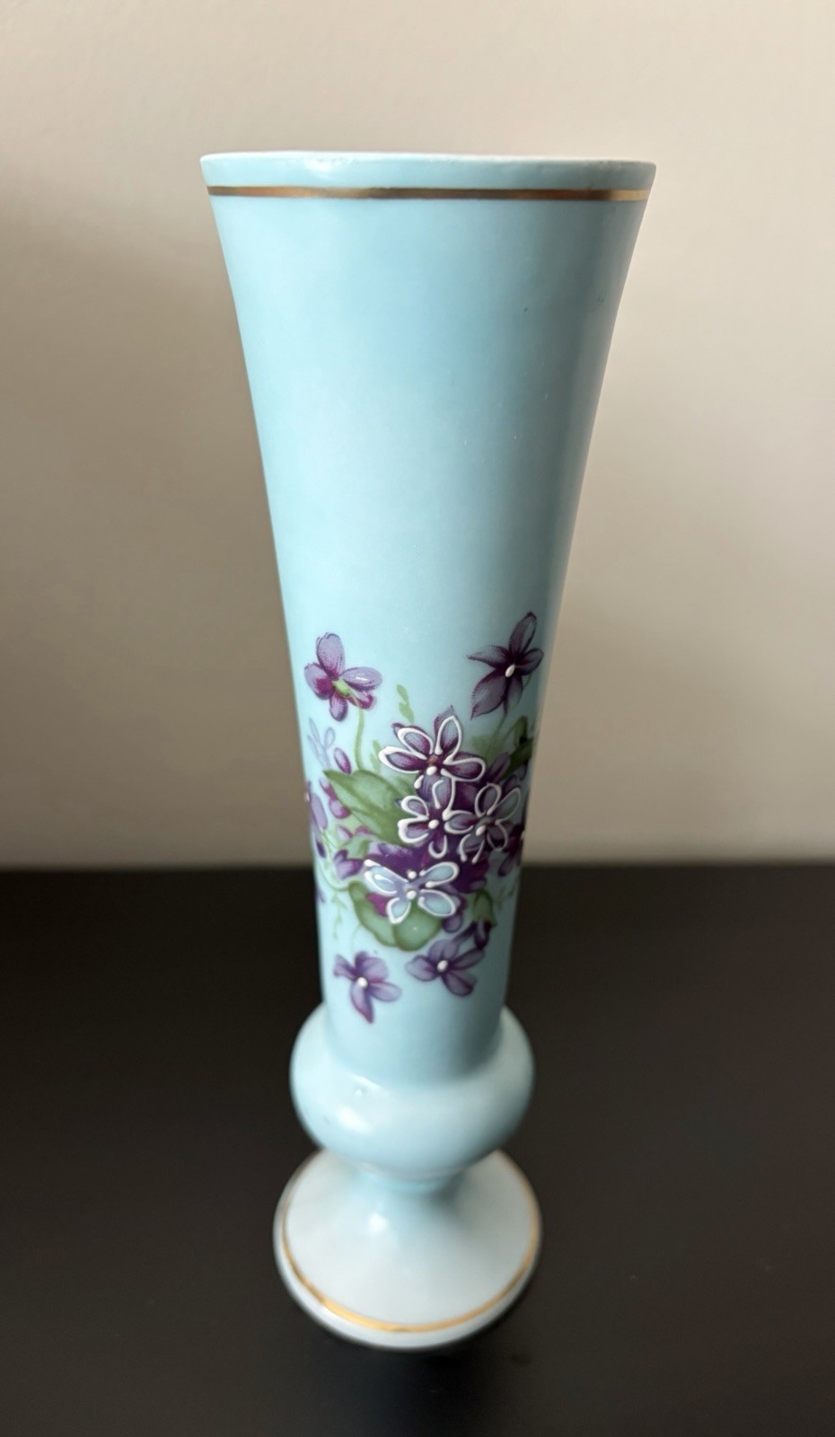 Norleans Blue Porcelain Vase With Hand Painted Purple Violets 8” Japan