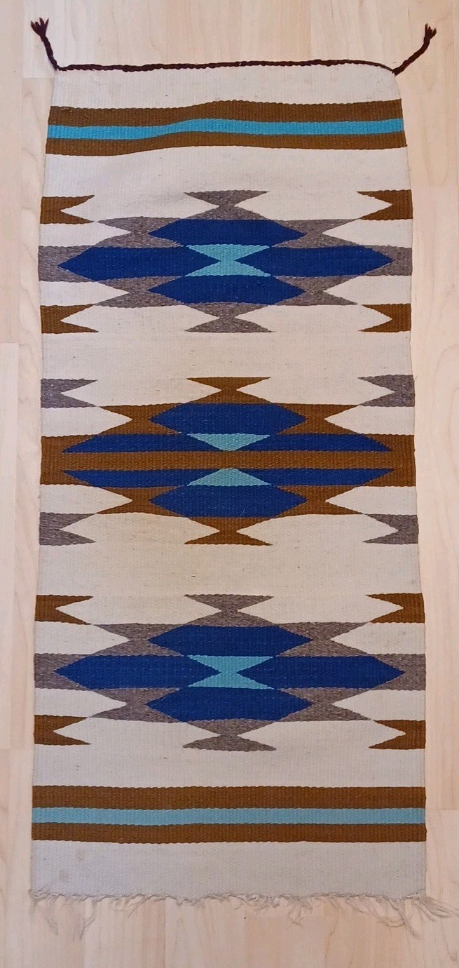 Vintage Handwoven Wool Southwestern Table Runner Rug 15x34 Zapotec Geometric