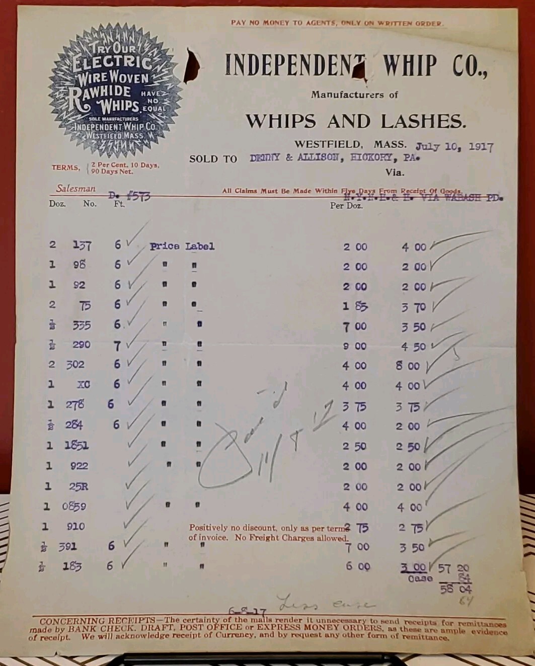 1917 Billhead Westfield Massachusetts Independent Whip Company Receipt Beautiful