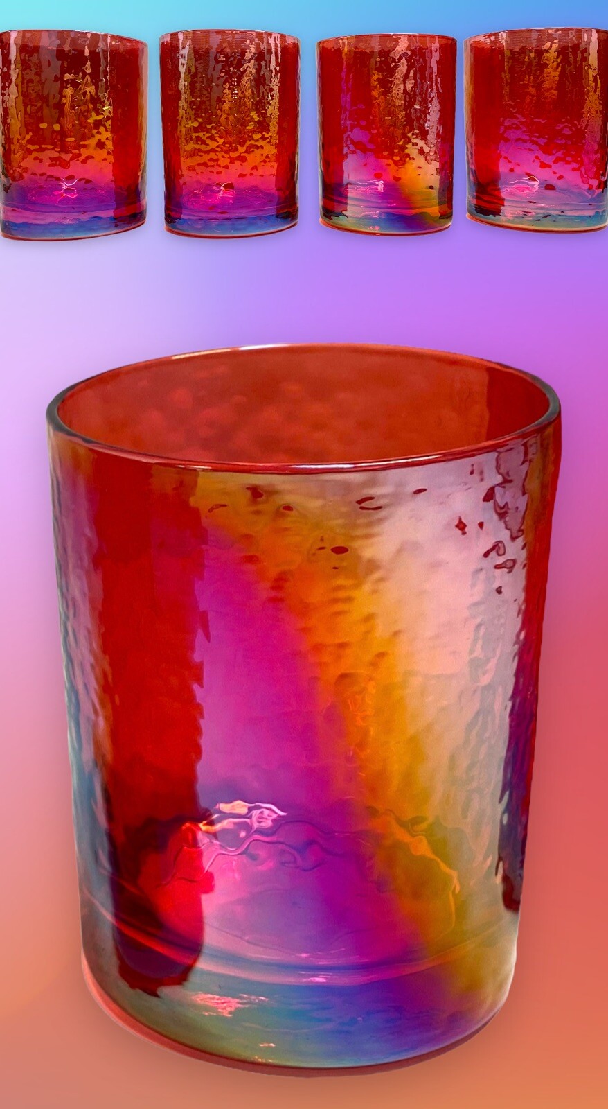 Zodax Iridescent Red Hammered Lowball Barware Drinkware Rocks Glasses Cocktail