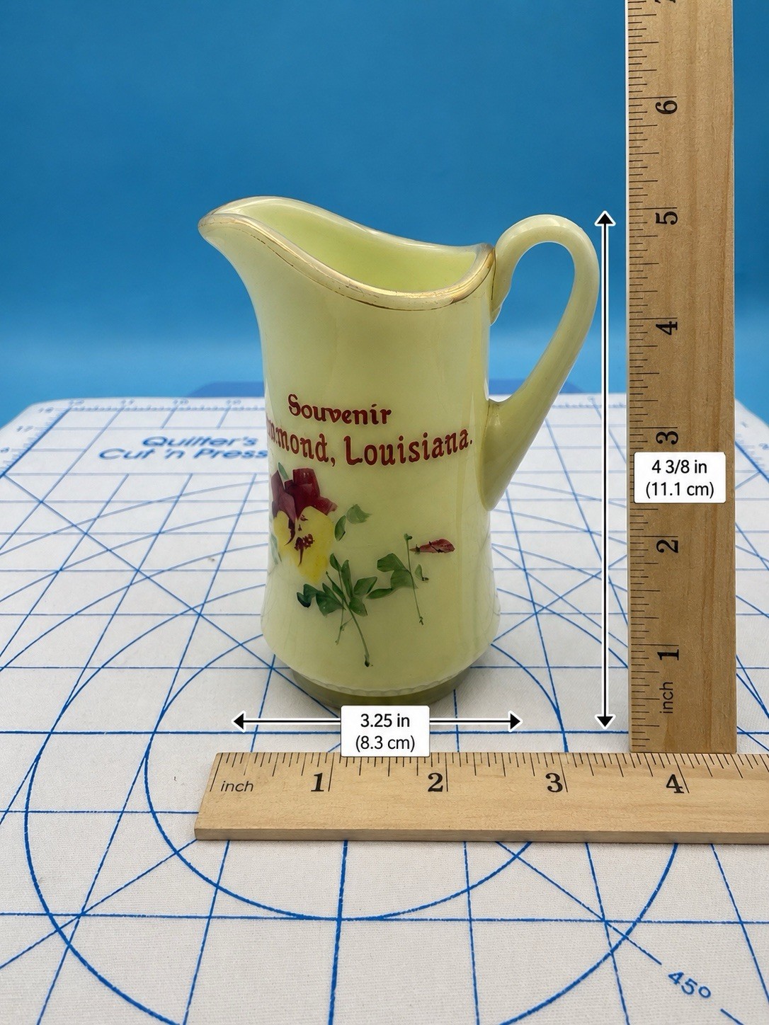 Antique Hammond Louisiana Souvenir Custard Glass Creamer Pitcher Floral 4 3/8”