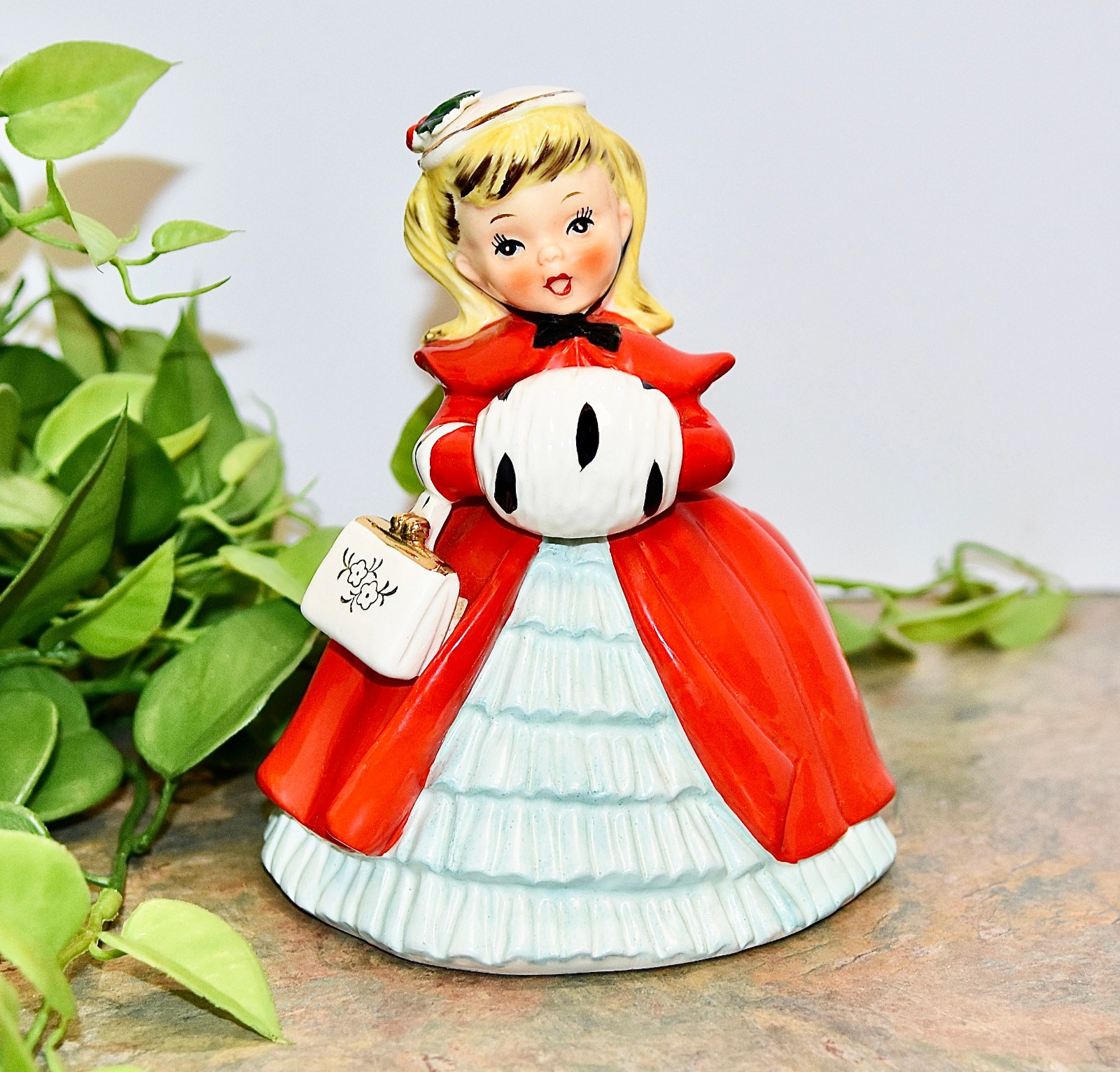 Lovely ~ Vintage 7” NAPCO Christmas Girl Muff Purse Ceramic Planter AX2193A 1956
