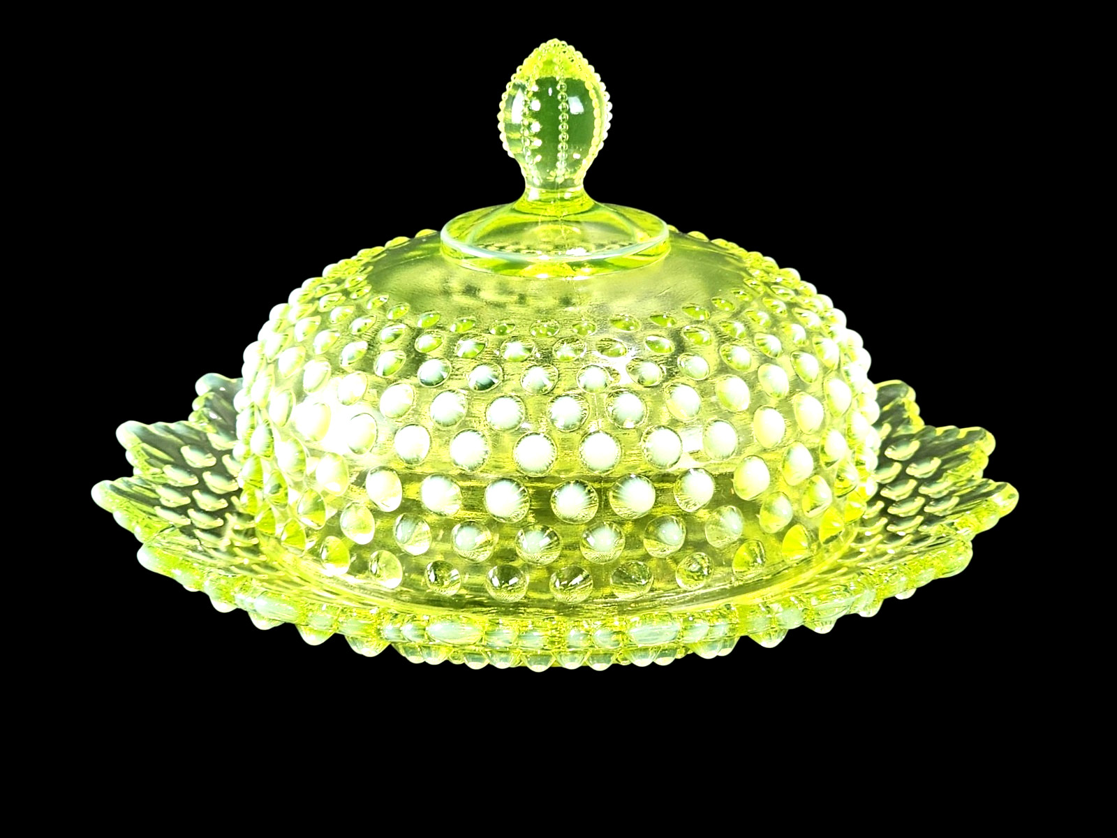 Limited 500 Fenton for Levay Butterdish Topaz Opalescent Hobnail 1980 *2 Knicks