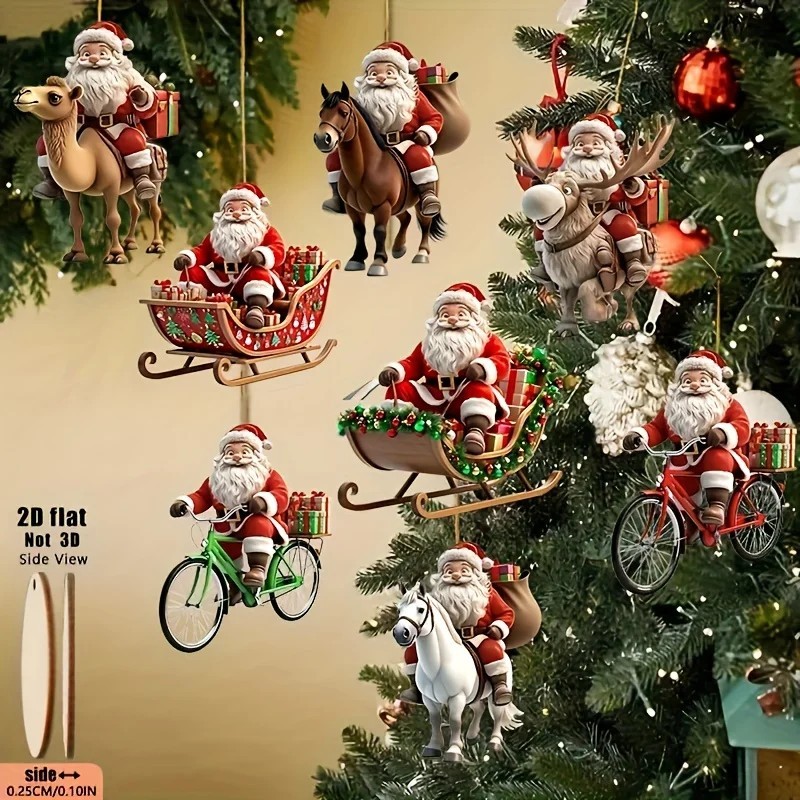 8pcs Different Riding Tools 2D Flat Santa Claus Wooden Ornament Set - Perfect fo