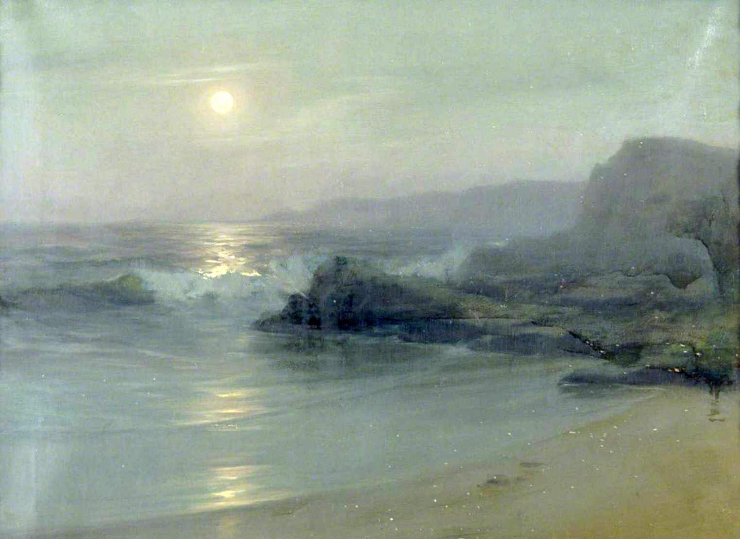 Oil painting Lionel-Walden-Moonlight-on-the-Sea seascape waves handmad