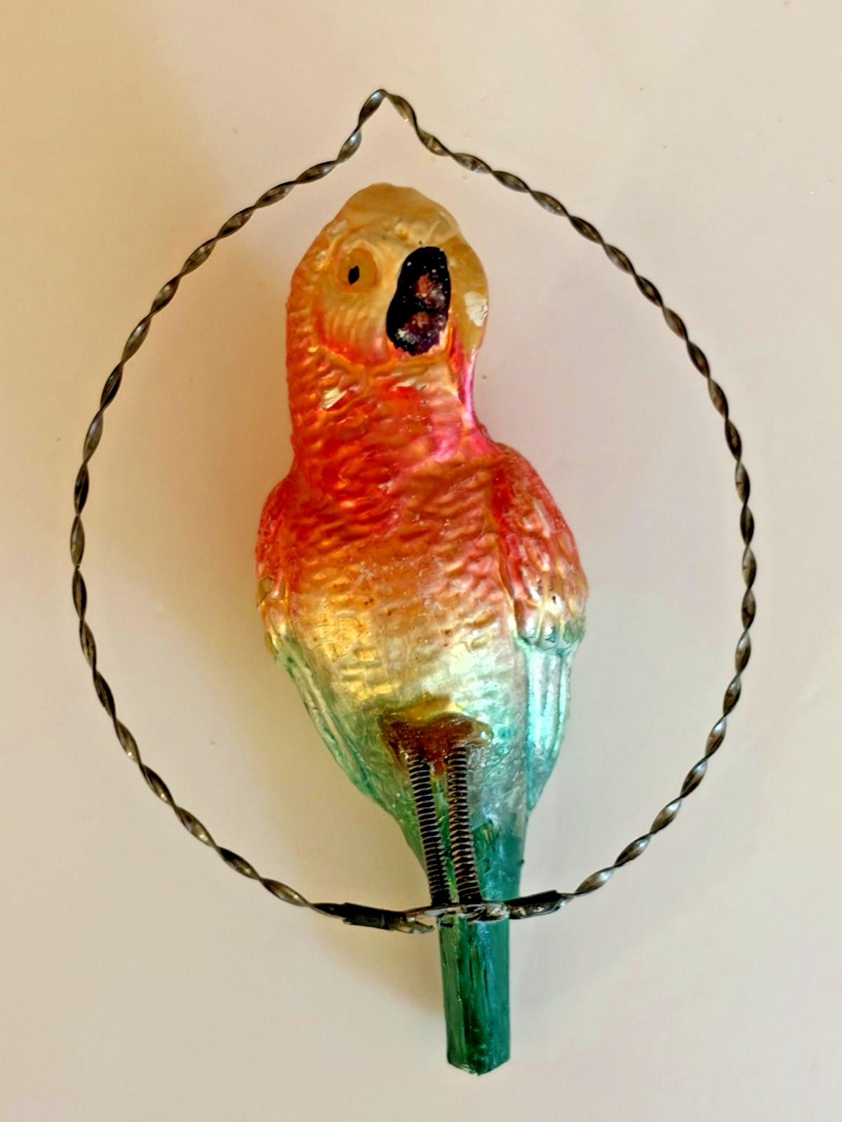 VTG Rare and Unique Glass Parrot in a Wire Ring Swing - early 1900\'s - Lot D VTG Rare and Unique Glass Parrot in a Wire Ring Swing - early 1900\'s - Lot D