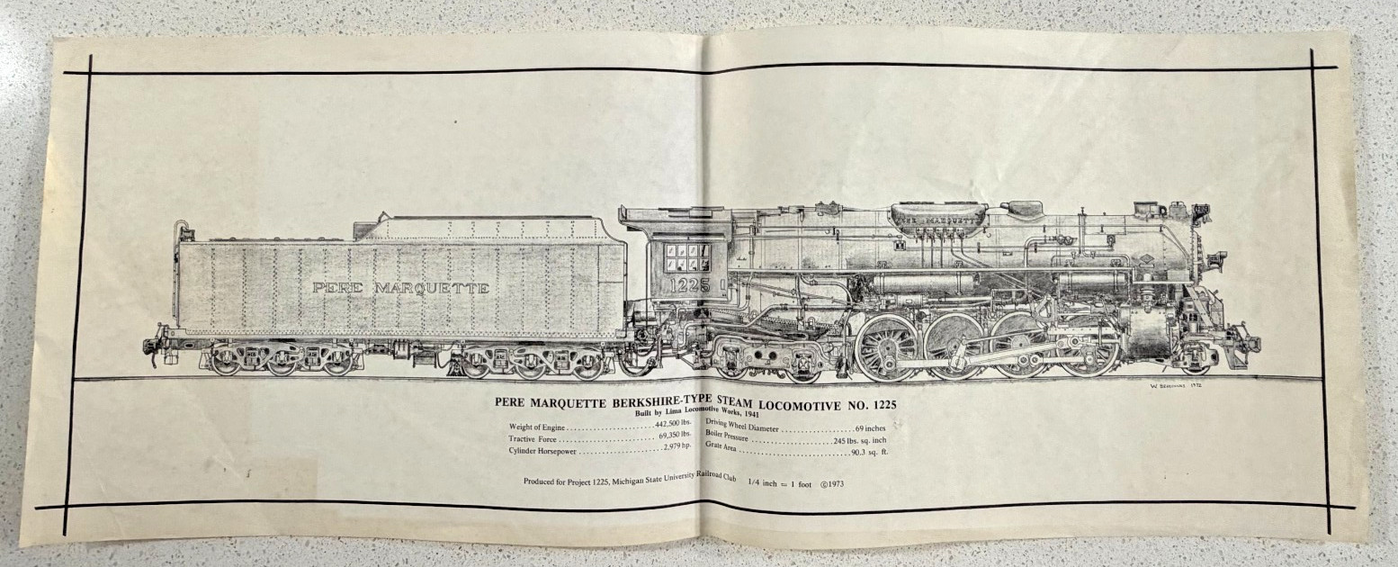 Vintage 1973 Pere Marquette 1225 Steam Locomotive Print MSU Railroad Club 11x30