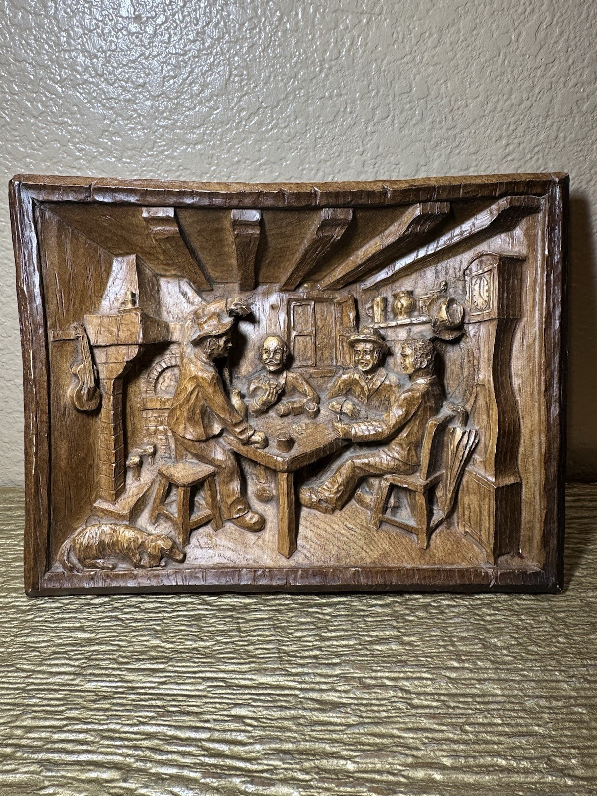 Vintage French 3D Bas-Relief Plaque Rustic 4 Men Playing Cards Gambling Dog Vintage French 3D Bas-Relief Plaque Rustic 4 Men Playing Cards Gambling Dog