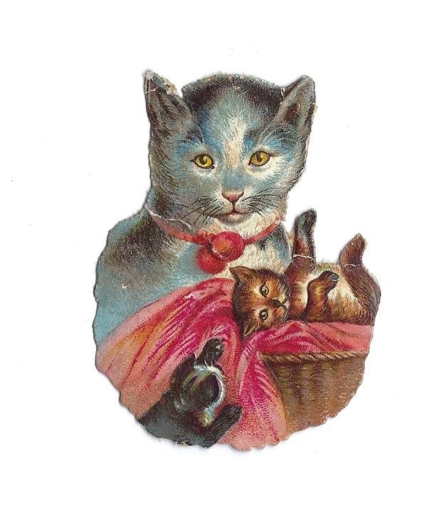 1888 Chromo, Fantasy CAT & KITTENS BASKET, Antique Victorian Die-Cut Scrap 2 1888 Chromo, Fantasy CAT & KITTENS BASKET, Antique Victorian Die-Cut Scrap 2