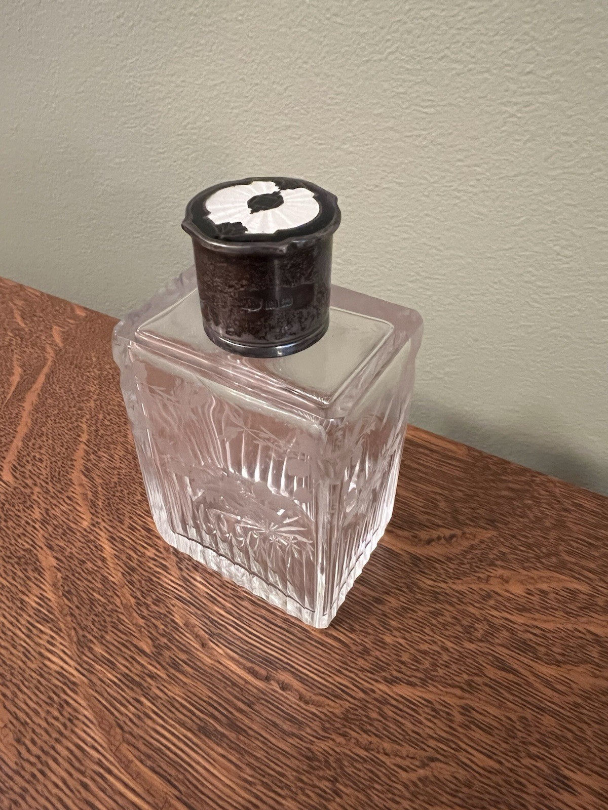 Antique Vintage Etched Crystal Perfume Bottle Guilloche Enamel English Hallmark