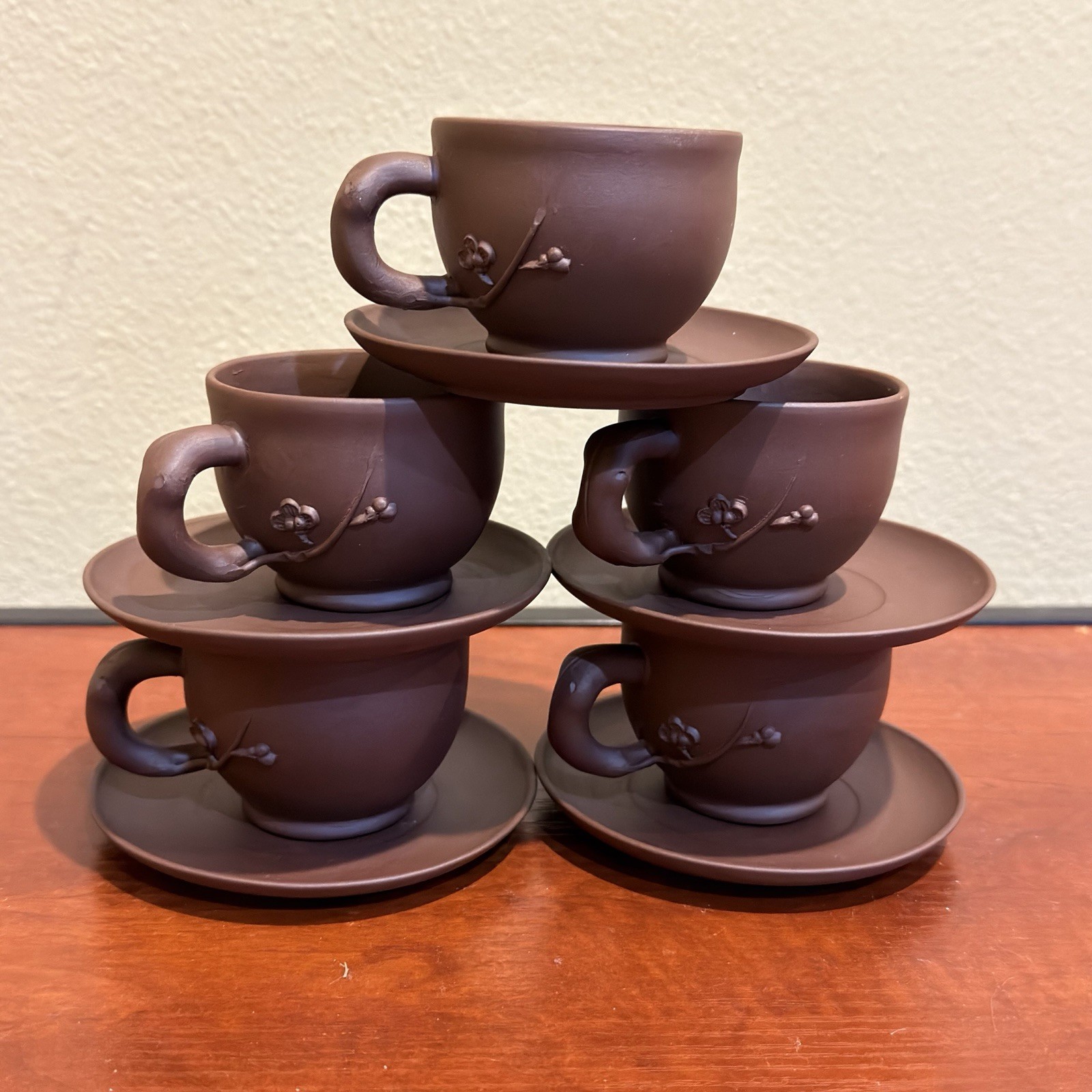 Yixing Zisha Clay Pottery Handmade Exquisite Tea Cups W/ Saucers Set Of 5 Yixing Zisha Clay Pottery Handmade Exquisite Tea Cups W/ Saucers Set Of 5