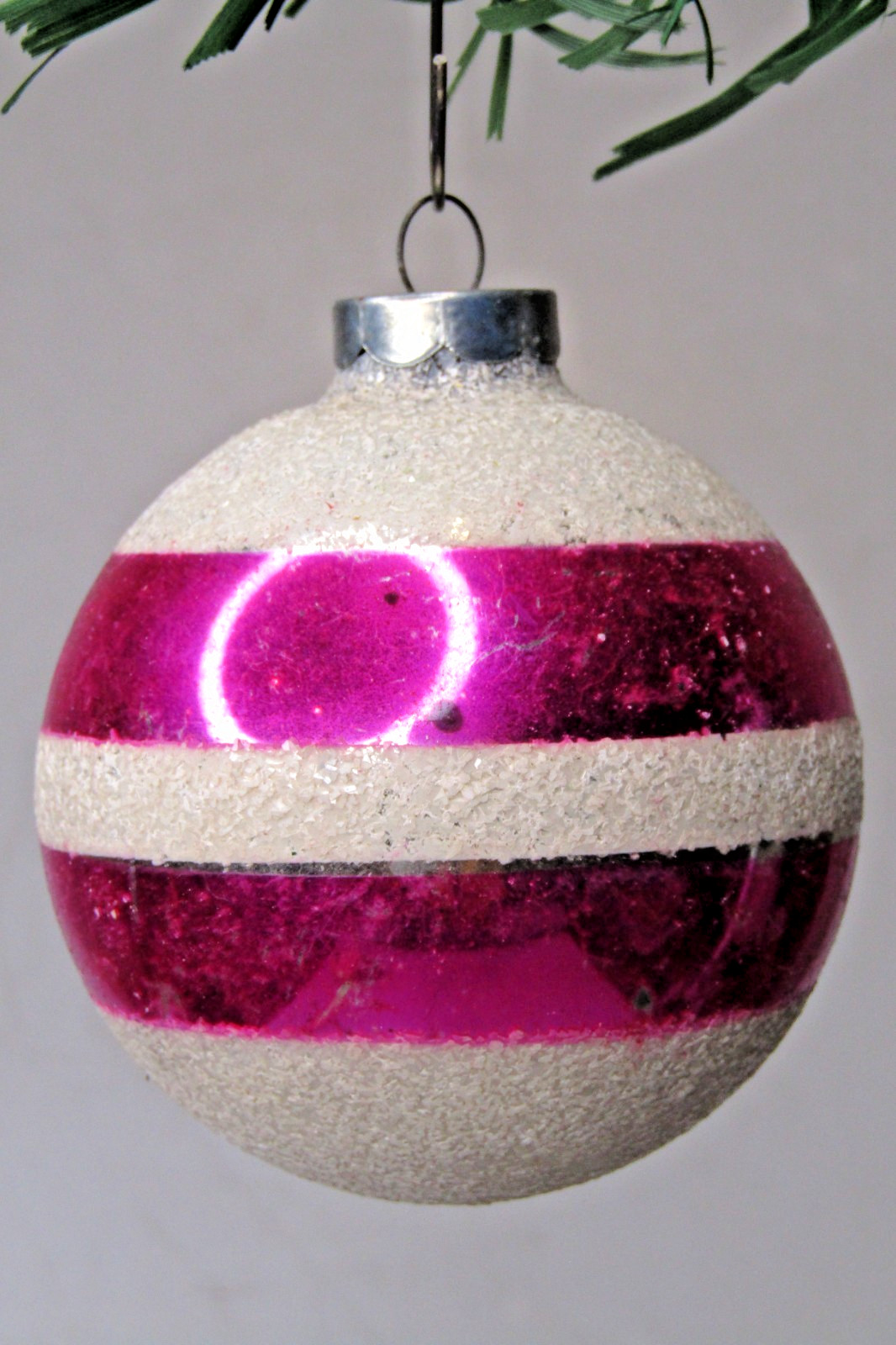 Vintage pre WWII Glass Mica Hot Pink Stripes BALL Christmas Ornament Franke