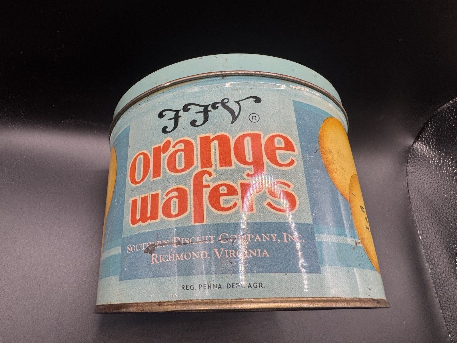 VINTAGE FFV Orange Wafers Cookie Tin Southern Biscuit CO Richmond VA 14 Oz.