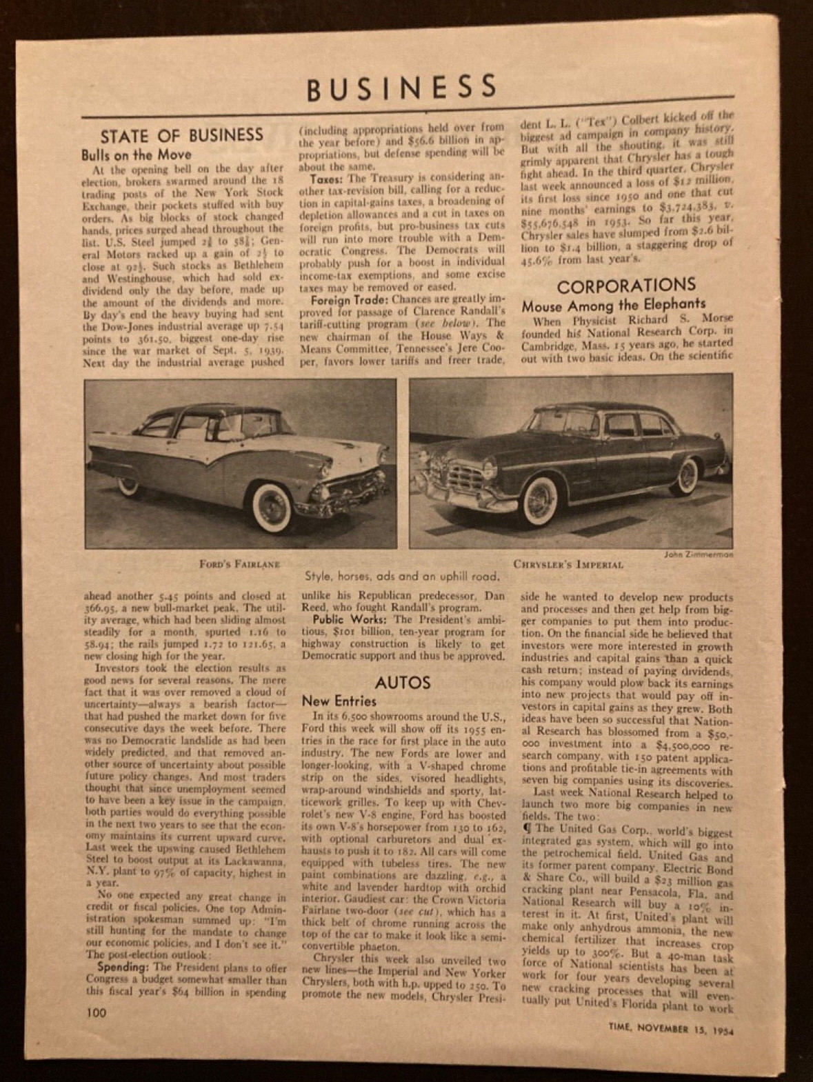 1954 Time Magazine article on New Entries: Ford Fairlane & Chrysler Imperial