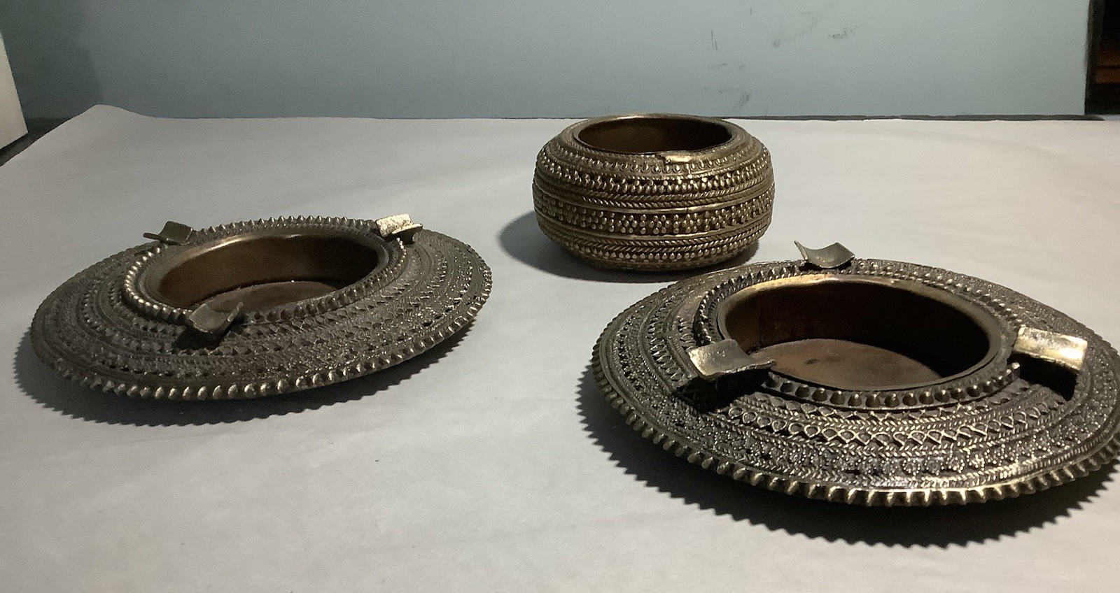 Antique Ornate Pierced Brass Anklet Ashtray Filigree  Set