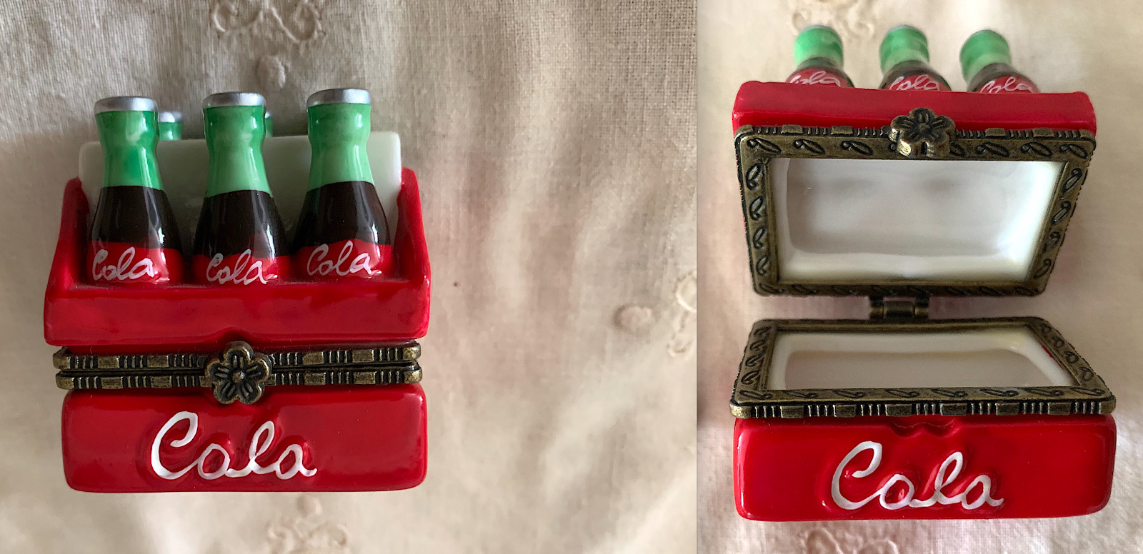 Vint. SIX-PACK COLA, Hand Painted Porcelain, Hinged Trinket Box w/Bottle Opener