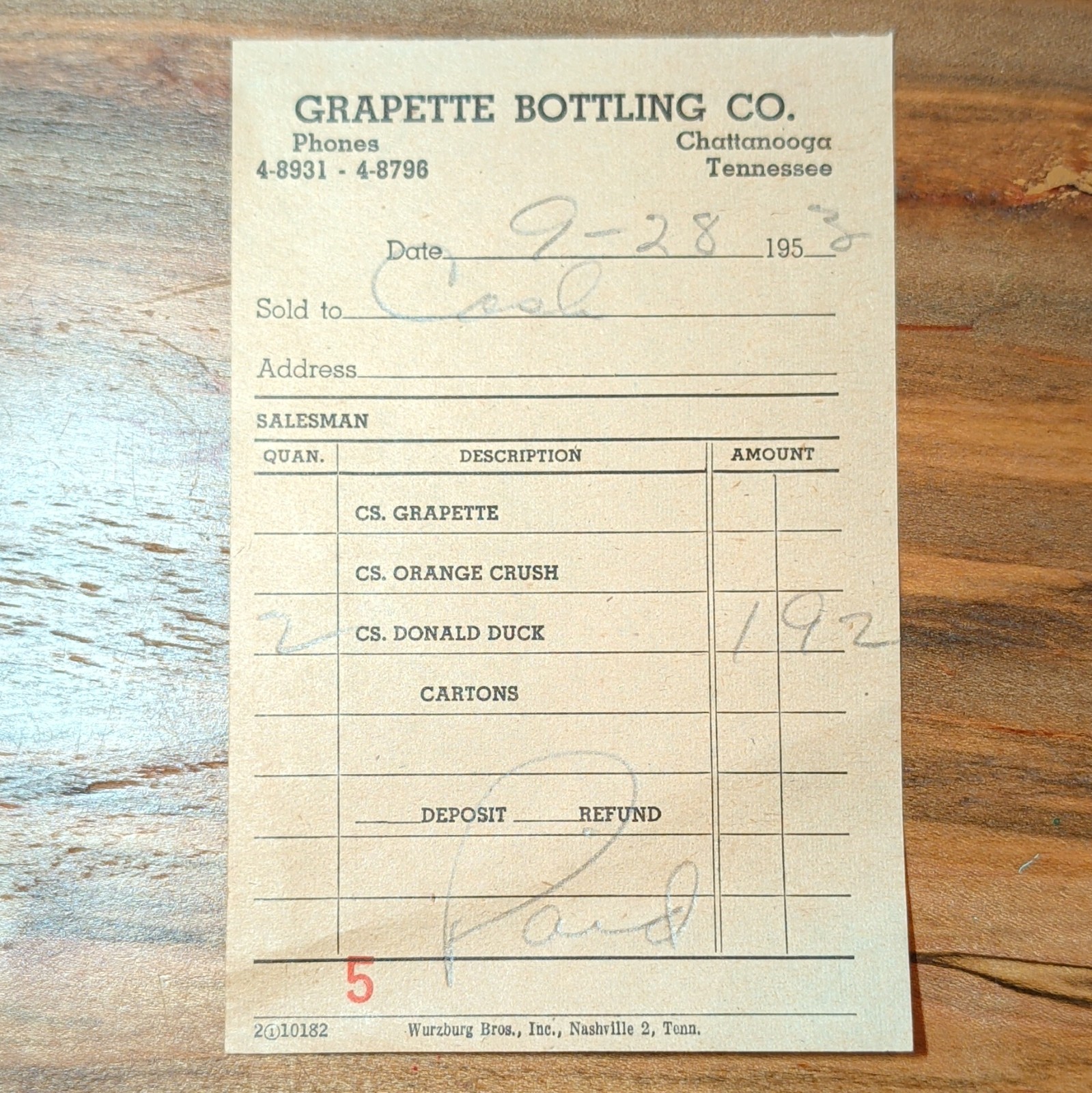 Grapette Bottling Co 1953 Receipt/Invoice Chattanooga TN Soda Advertising