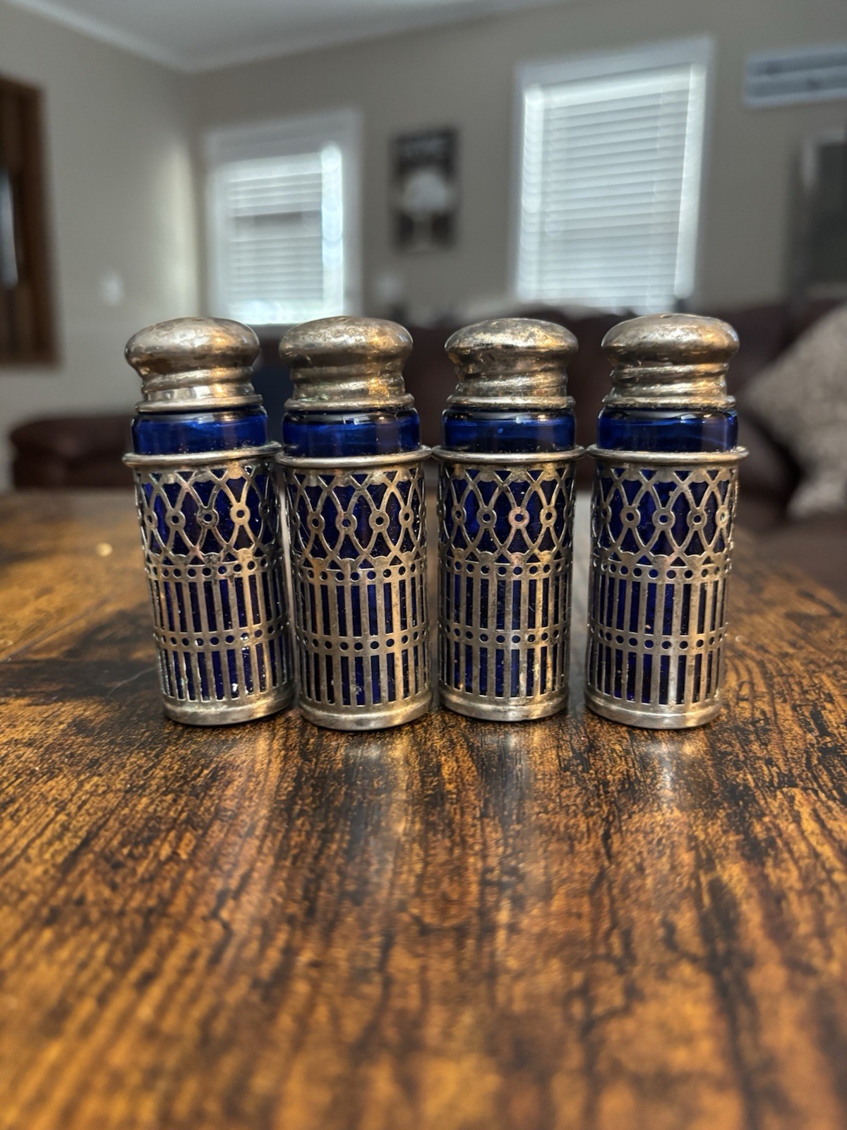 Vintage Cobalt Blue Glass Silver Plate Filigree Salt Pepper Shakers 2.75 Vintage Cobalt Blue Glass Silver Plate Filigree Salt Pepper Shakers 2.75